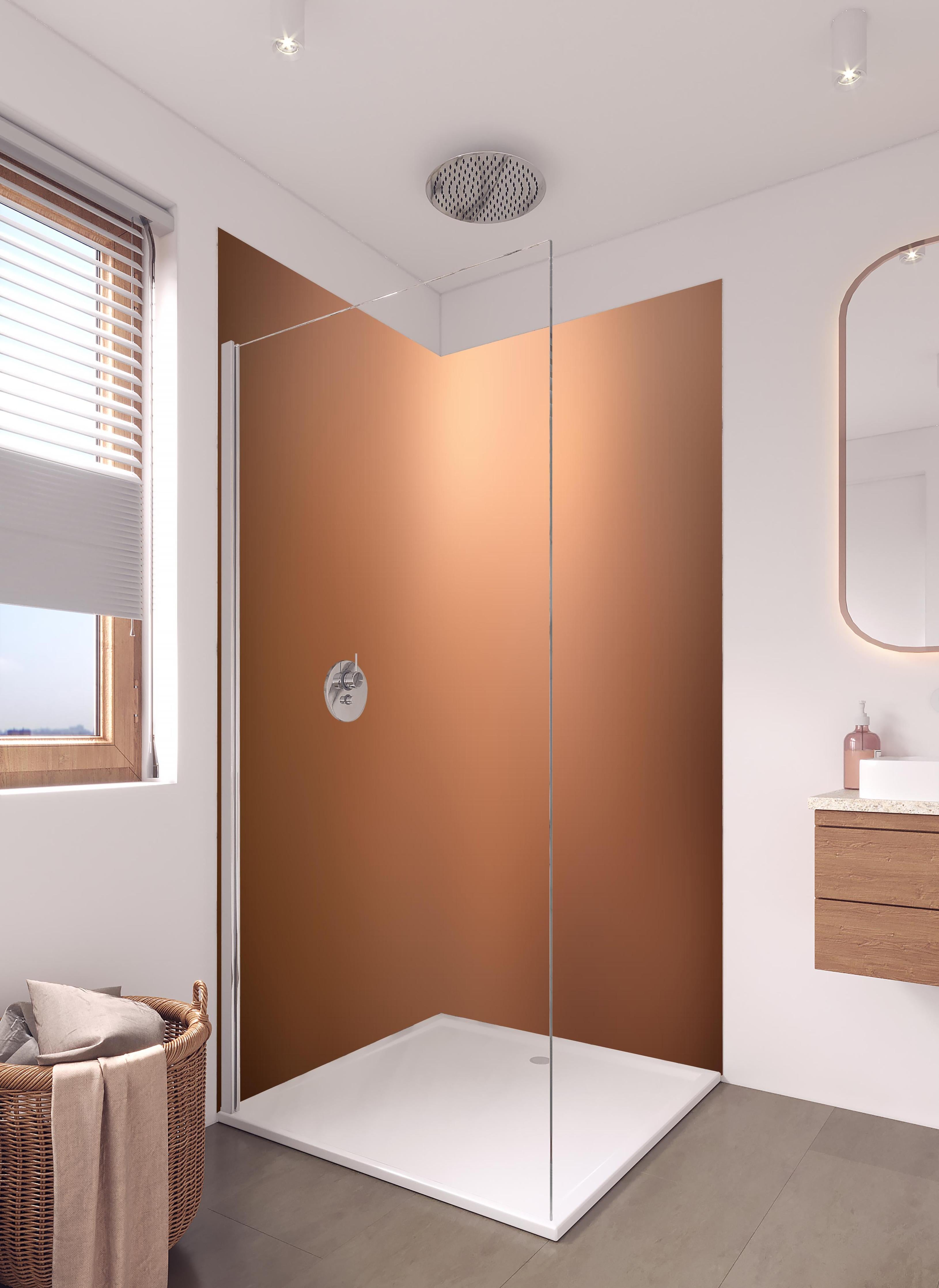 Duschrückwand - Braun, beiges Muster in hellem Badezimmer mit Regenduschkopf - zweiteilige Eck-Duschrückwand