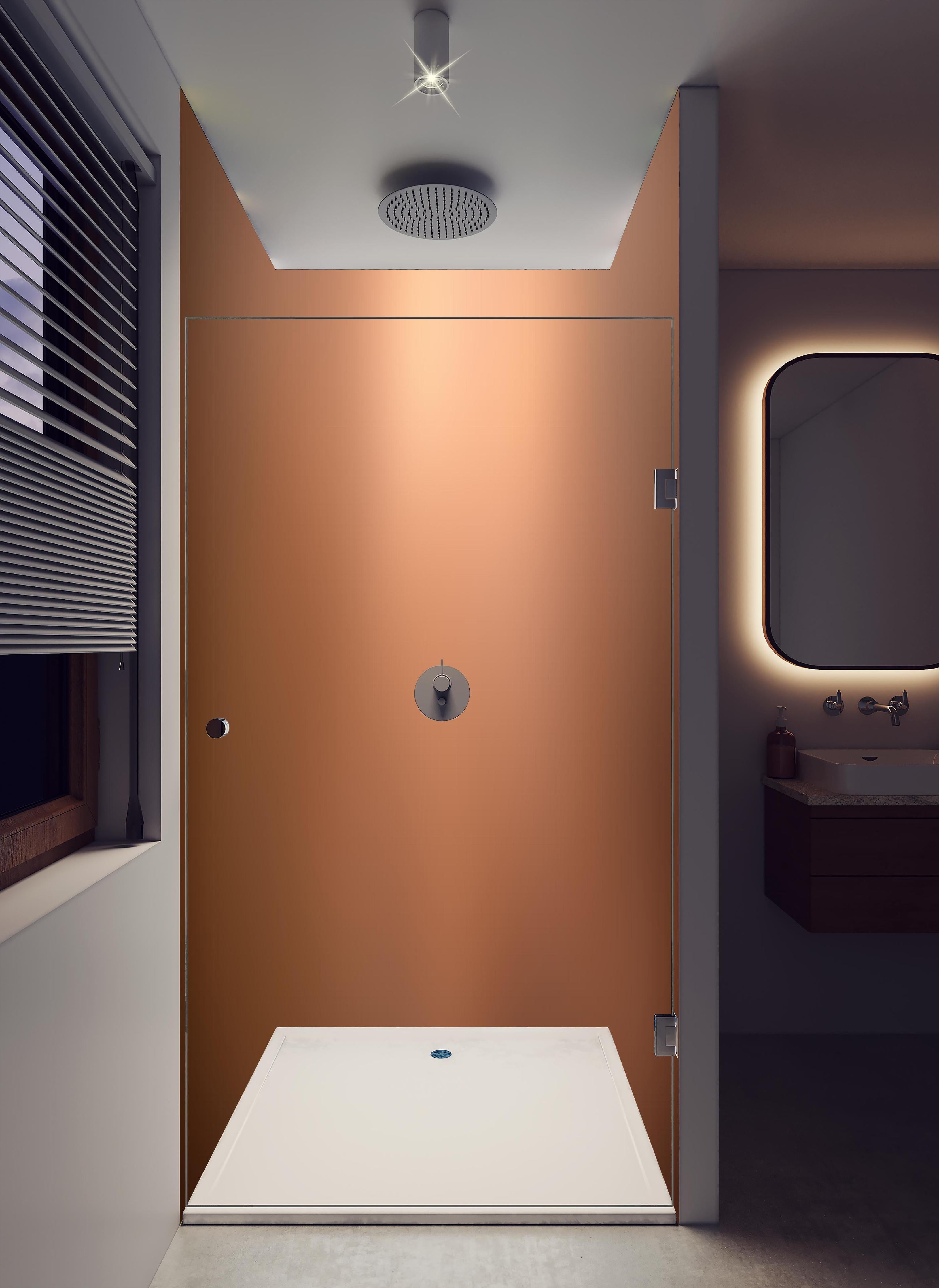 Duschrückwand - Braun, beiges Muster in hellem Badezimmer mit Regenduschkopf - zweiteilige Eck-Duschrückwand