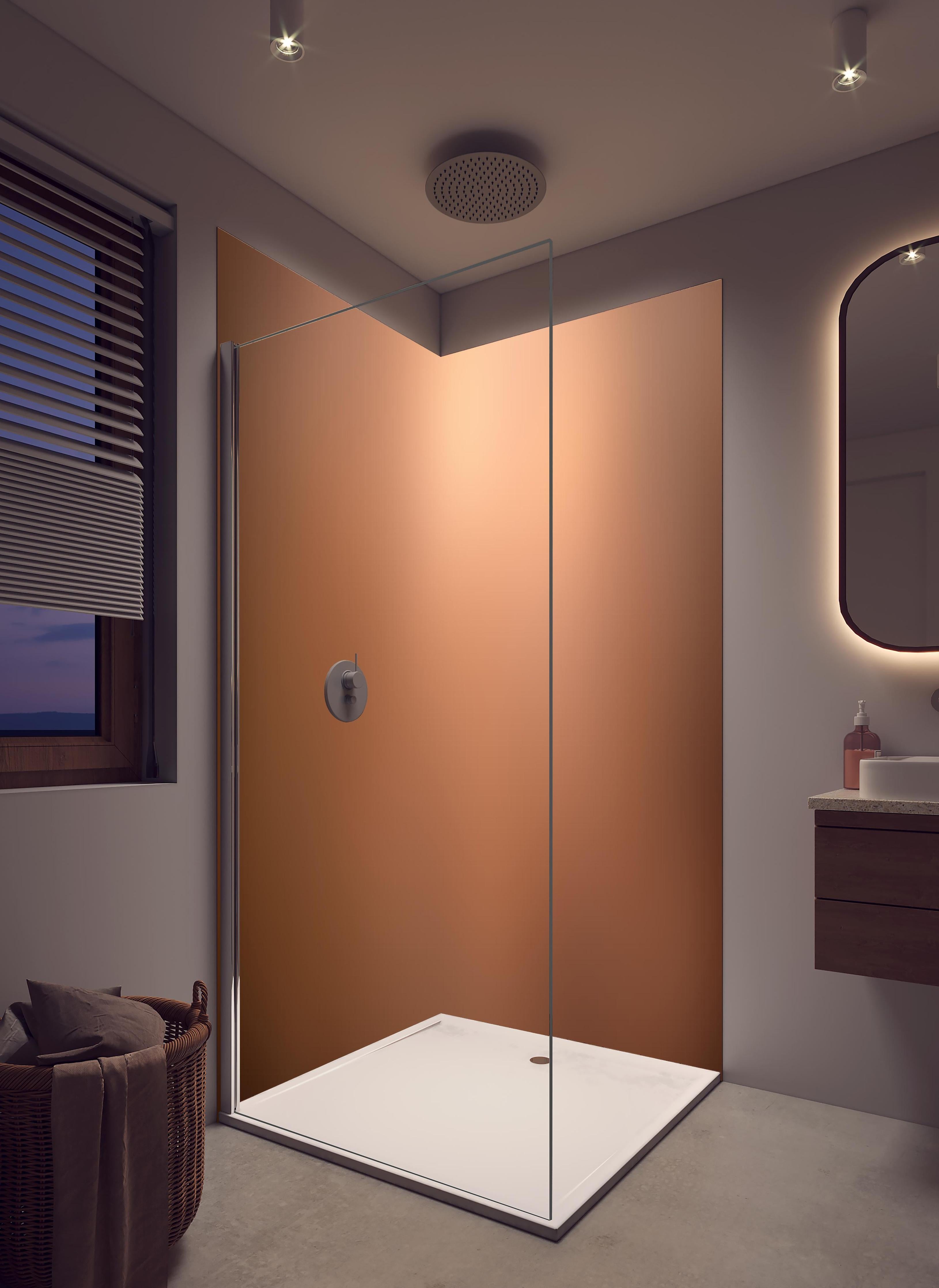 Duschrückwand - Braun, beiges Muster in hellem Badezimmer mit Regenduschkopf - zweiteilige Eck-Duschrückwand