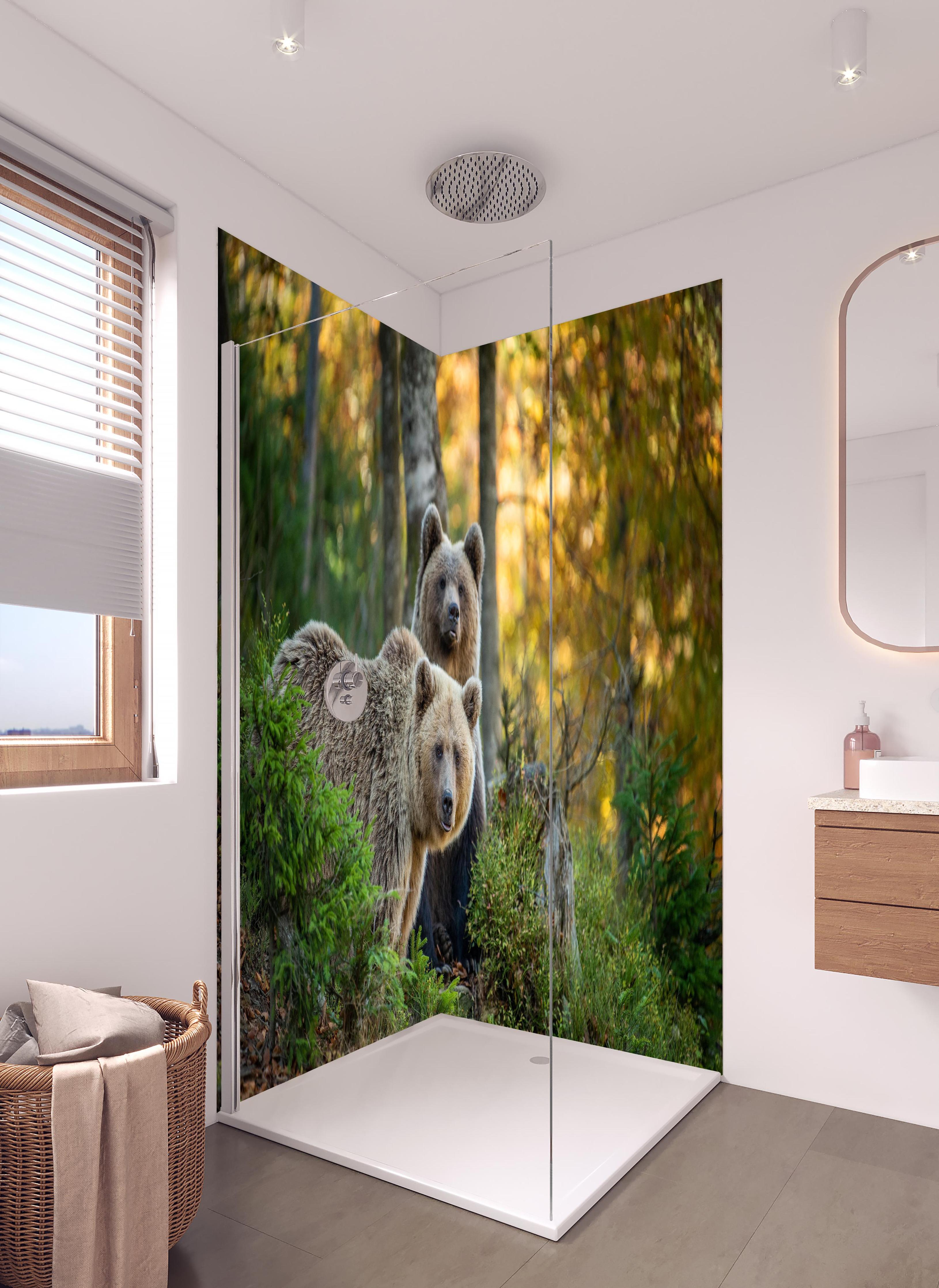 Duschrückwand - Braunbär Familie Herbstlaub Waldbild in hellem Badezimmer mit Regenduschkopf - zweiteilige Eck-Duschrückwand