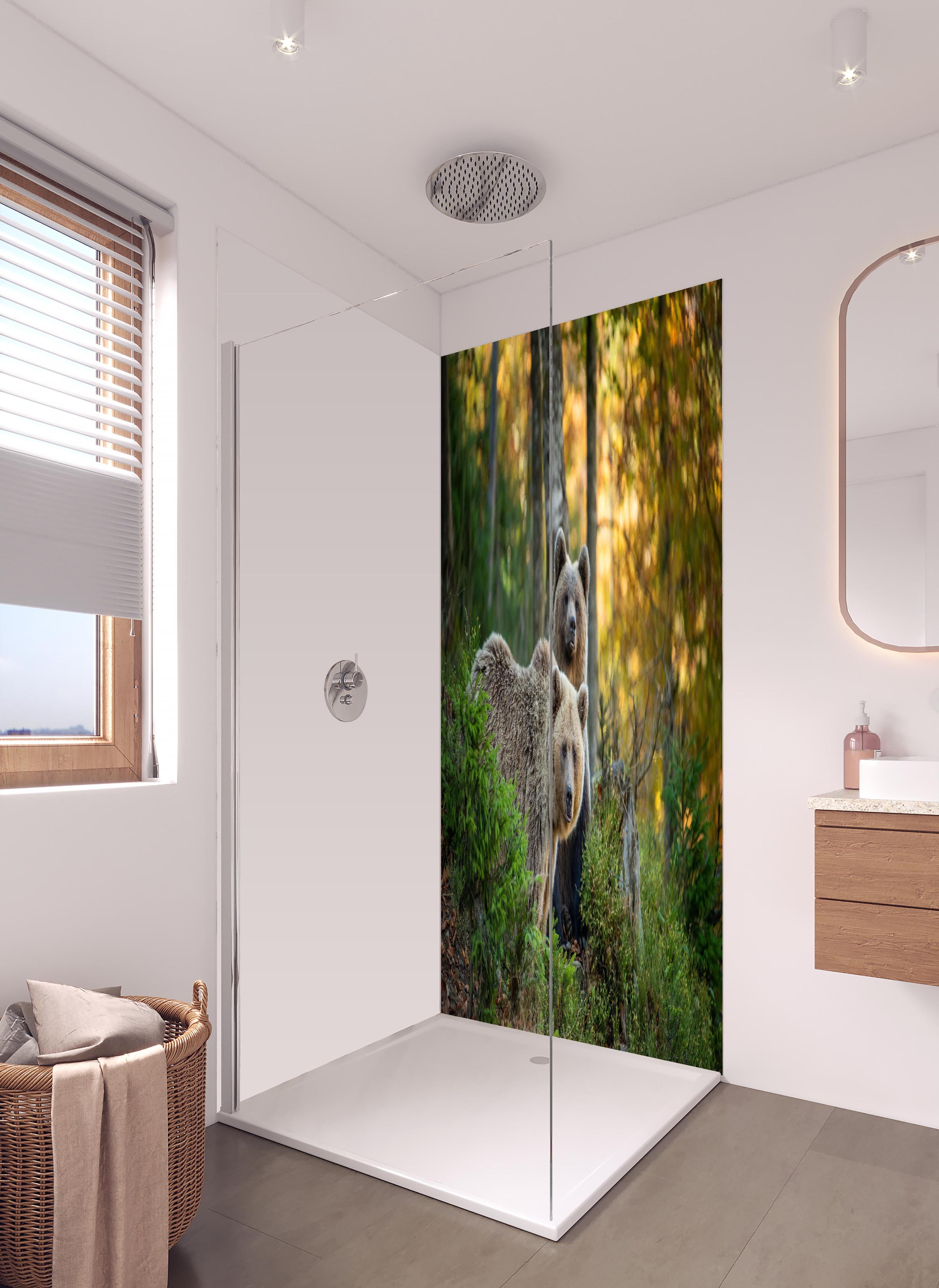 Duschrückwand - Braunbär Familie Herbstlaub Waldbild in hellem Badezimmer mit Regenduschkopf - zweiteilige Eck-Duschrückwand