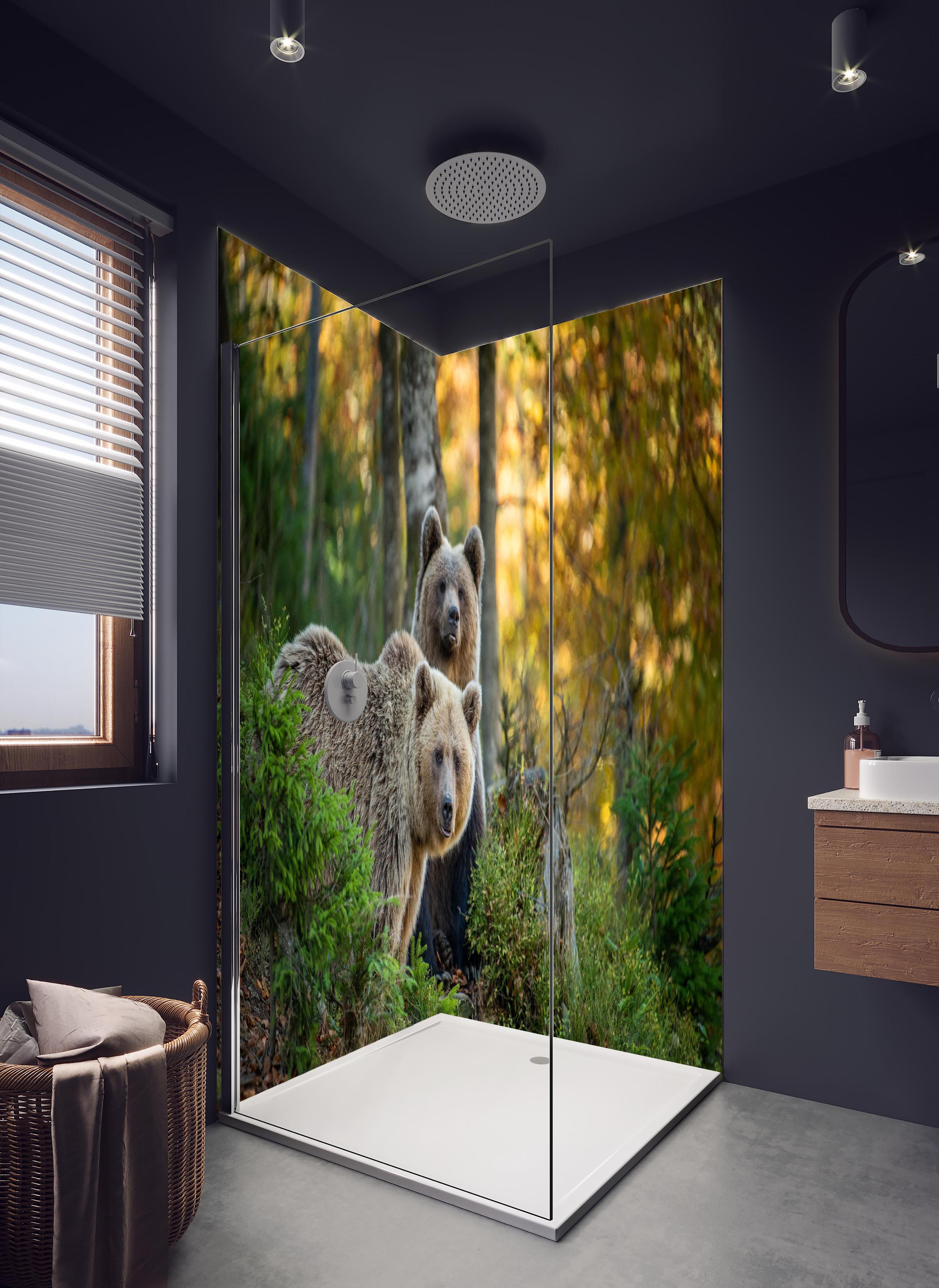 Duschrückwand - Braunbär Familie Herbstlaub Waldbild in hellem Badezimmer mit Regenduschkopf - zweiteilige Eck-Duschrückwand