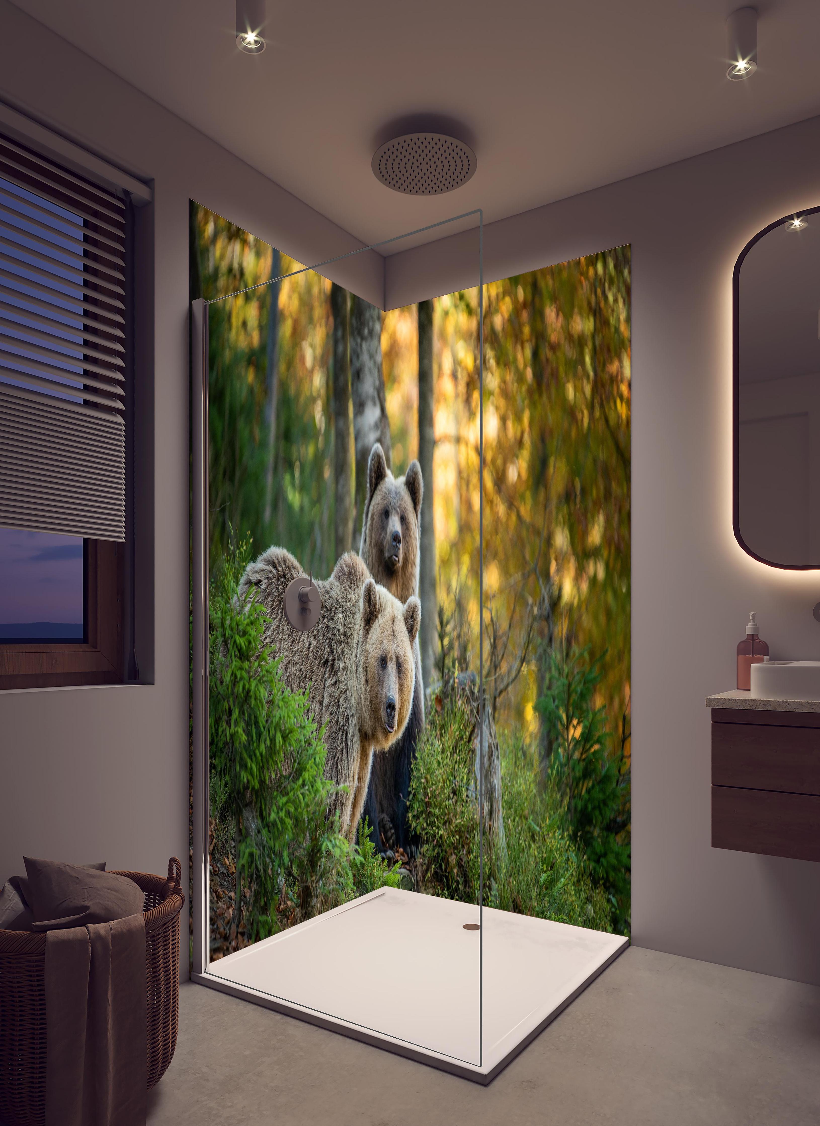Duschrückwand - Braunbär Familie Herbstlaub Waldbild in hellem Badezimmer mit Regenduschkopf - zweiteilige Eck-Duschrückwand