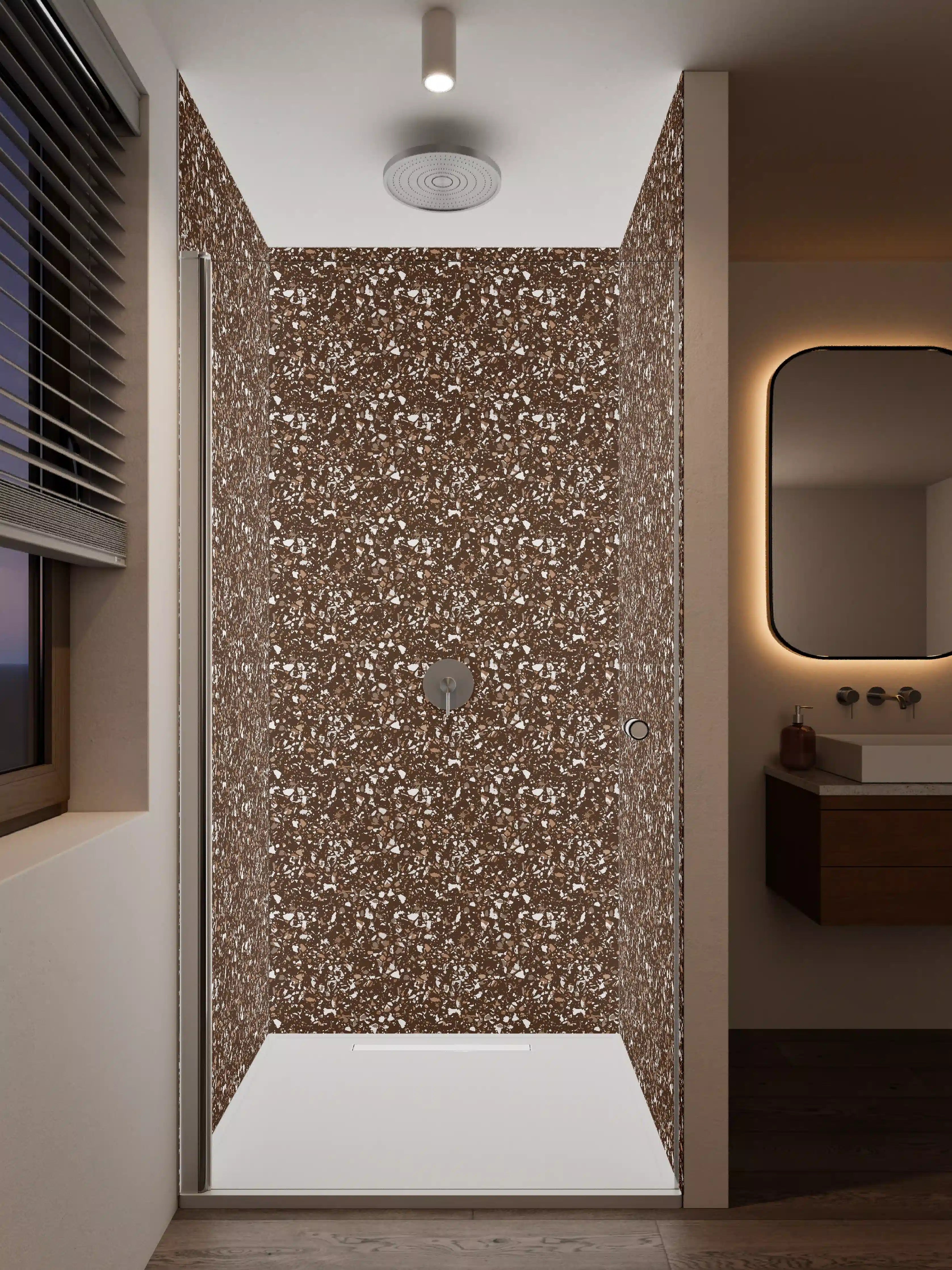 Duschrückwand - Braune Glitzer-Textur mit weißen Akzenten