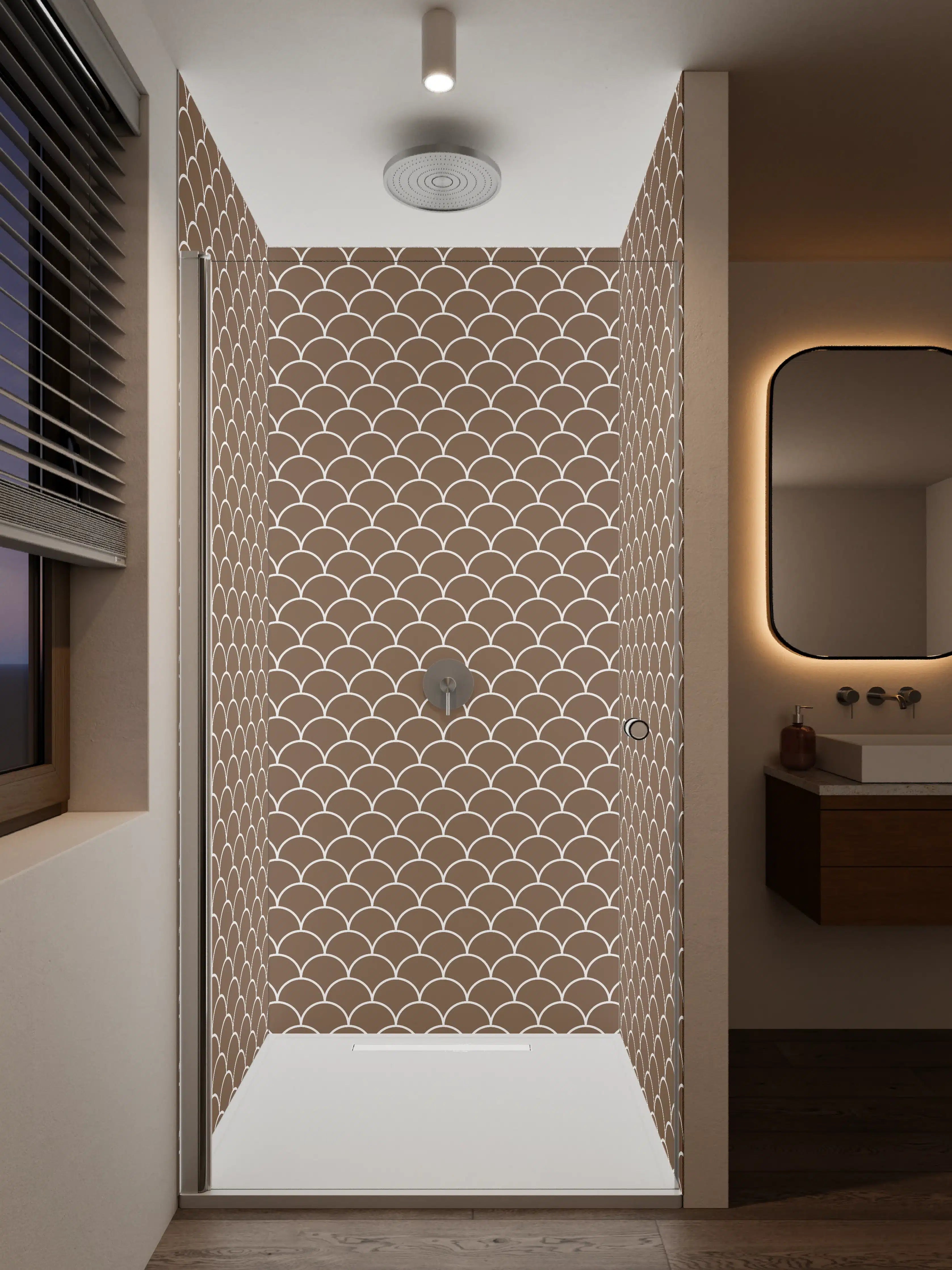 Duschrückwand - Braune Schuppen-Muster mit Weißlinien