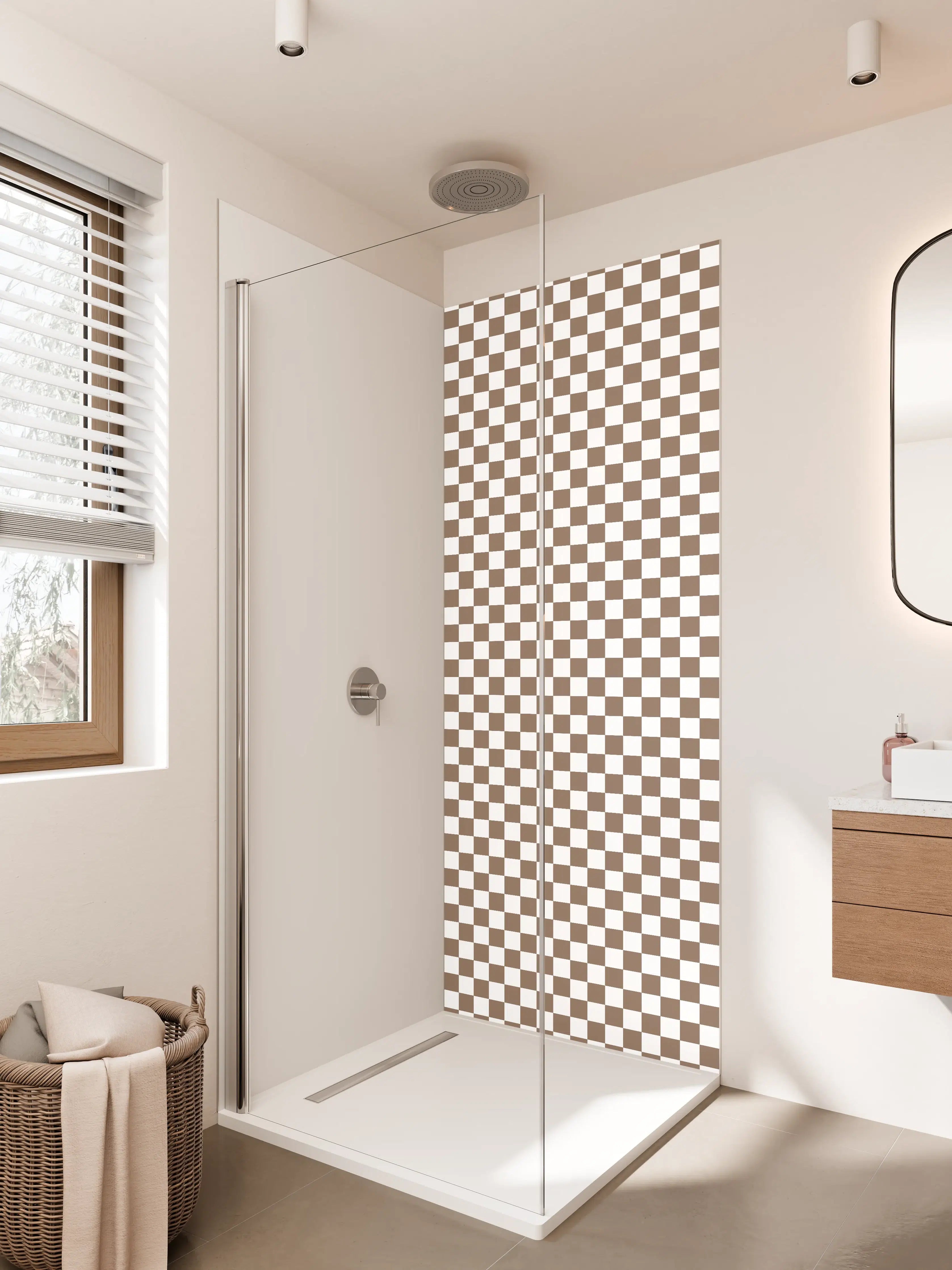 Duschrückwand - Braune und weiße Karomuster-Fliese