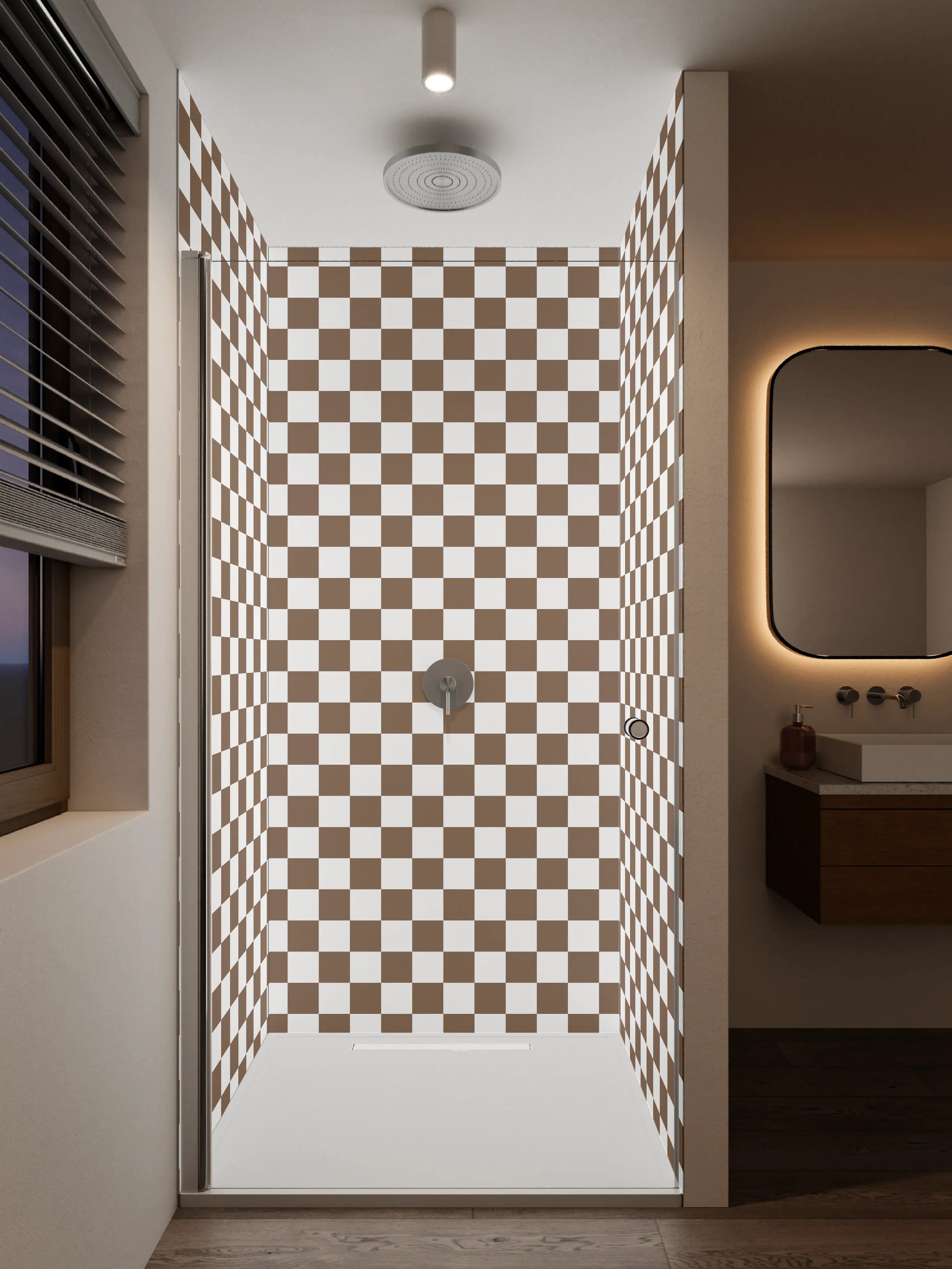 Duschrückwand - Braune und weiße Karomuster-Fliese