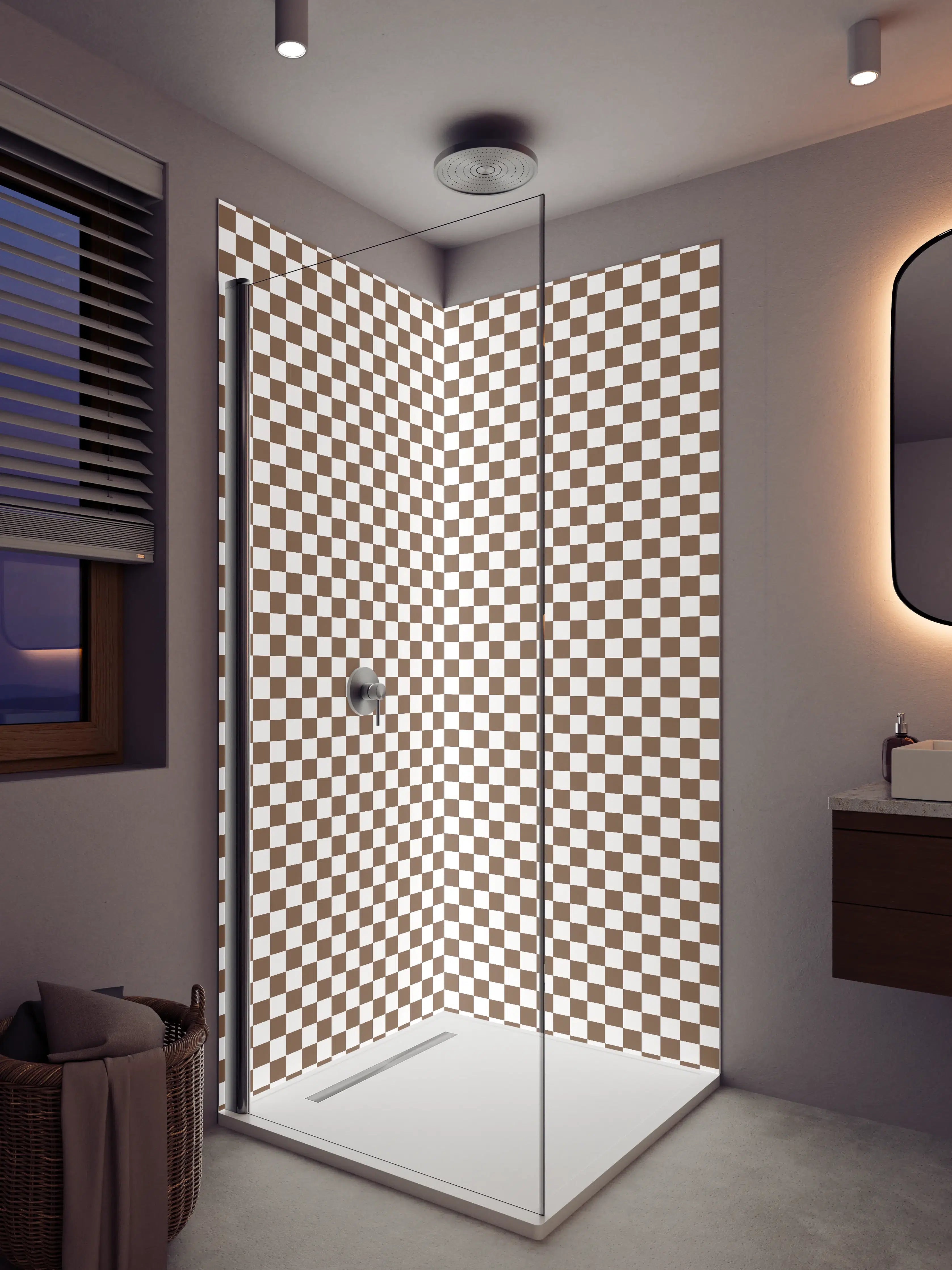 Duschrückwand - Braune und weiße Karomuster-Fliese
