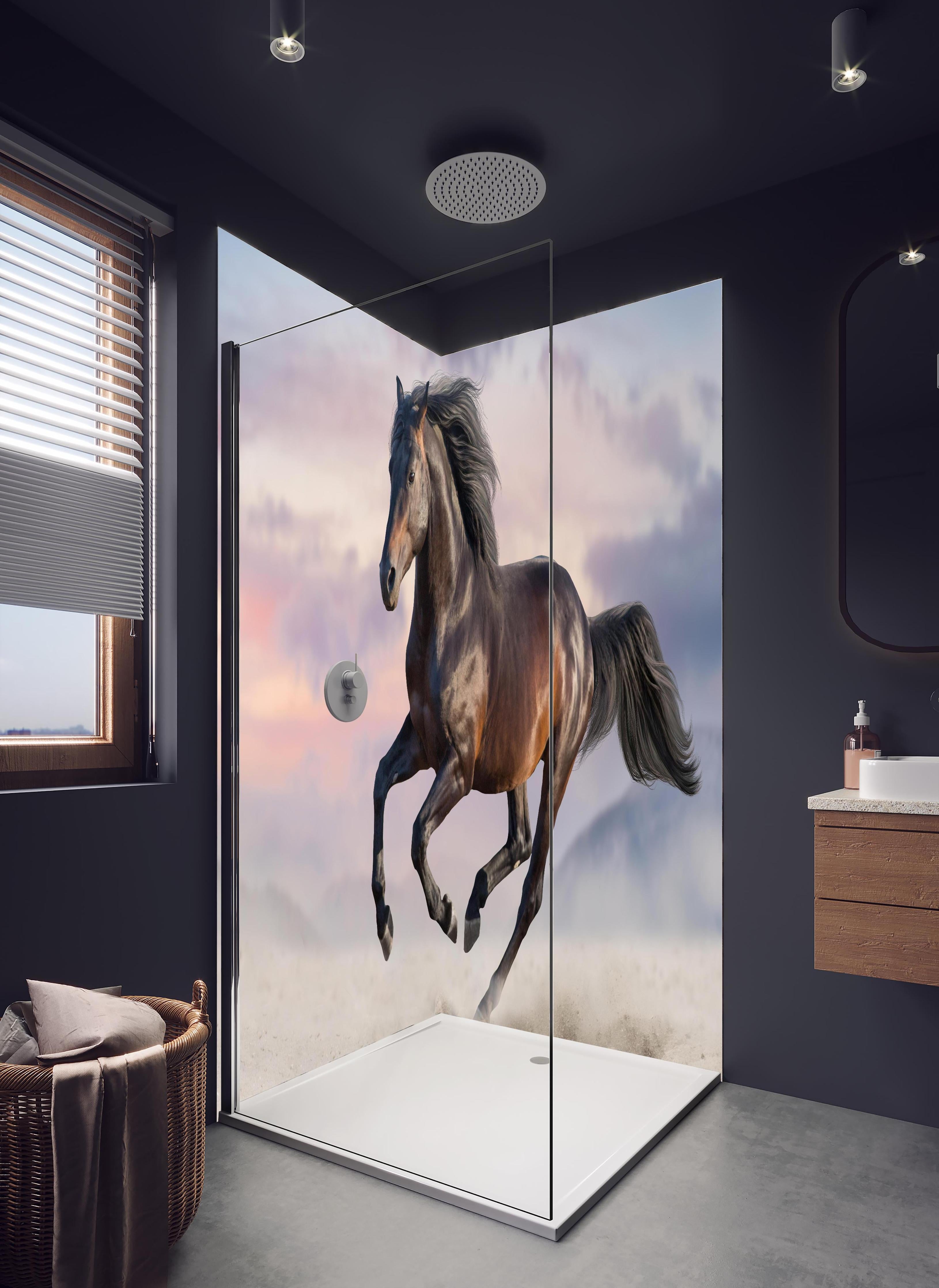 Duschrückwand - Braunes Pferd galoppiert in Wüste in hellem Badezimmer mit Regenduschkopf - zweiteilige Eck-Duschrückwand