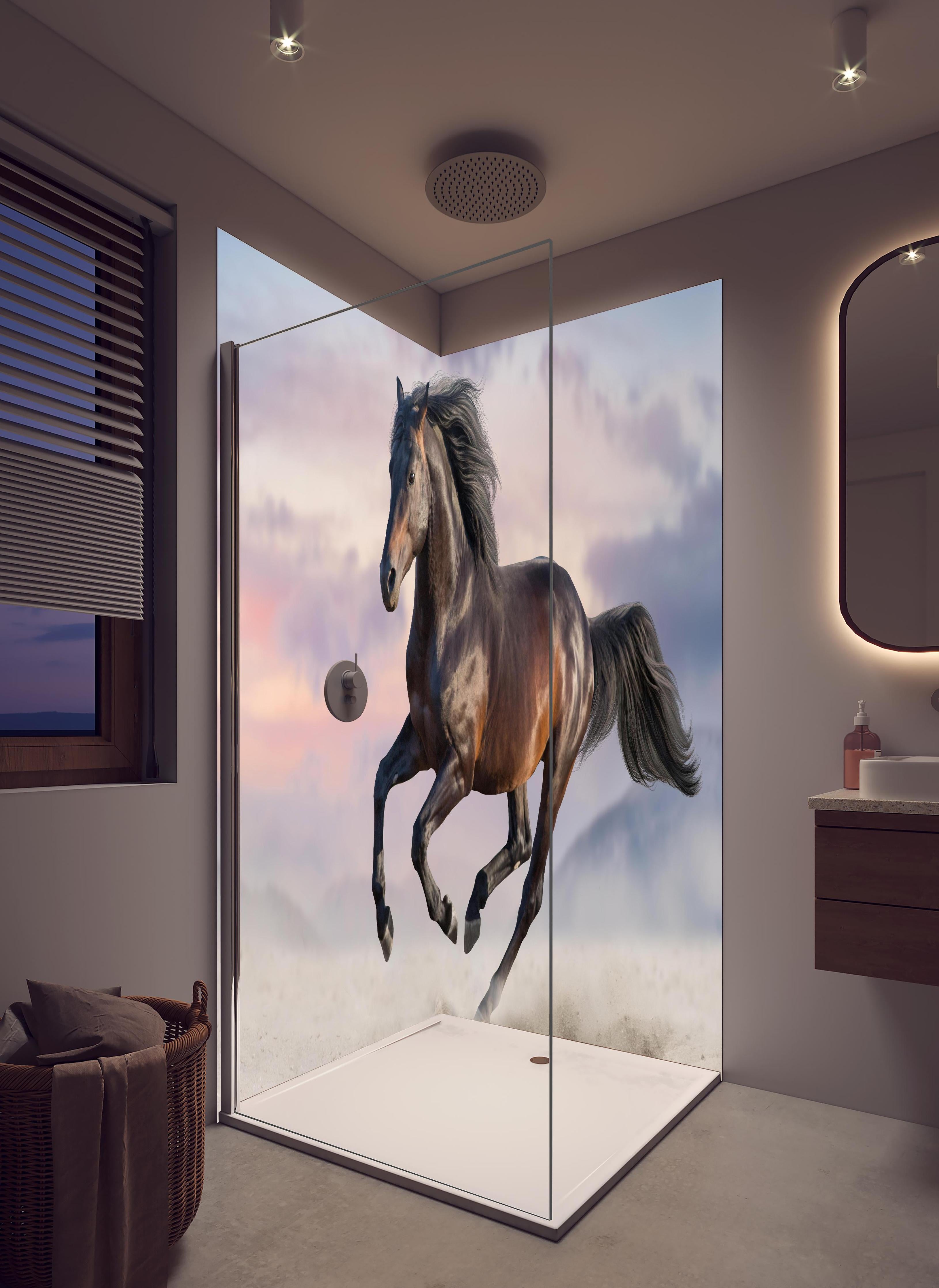 Duschrückwand - Braunes Pferd galoppiert in Wüste in hellem Badezimmer mit Regenduschkopf - zweiteilige Eck-Duschrückwand