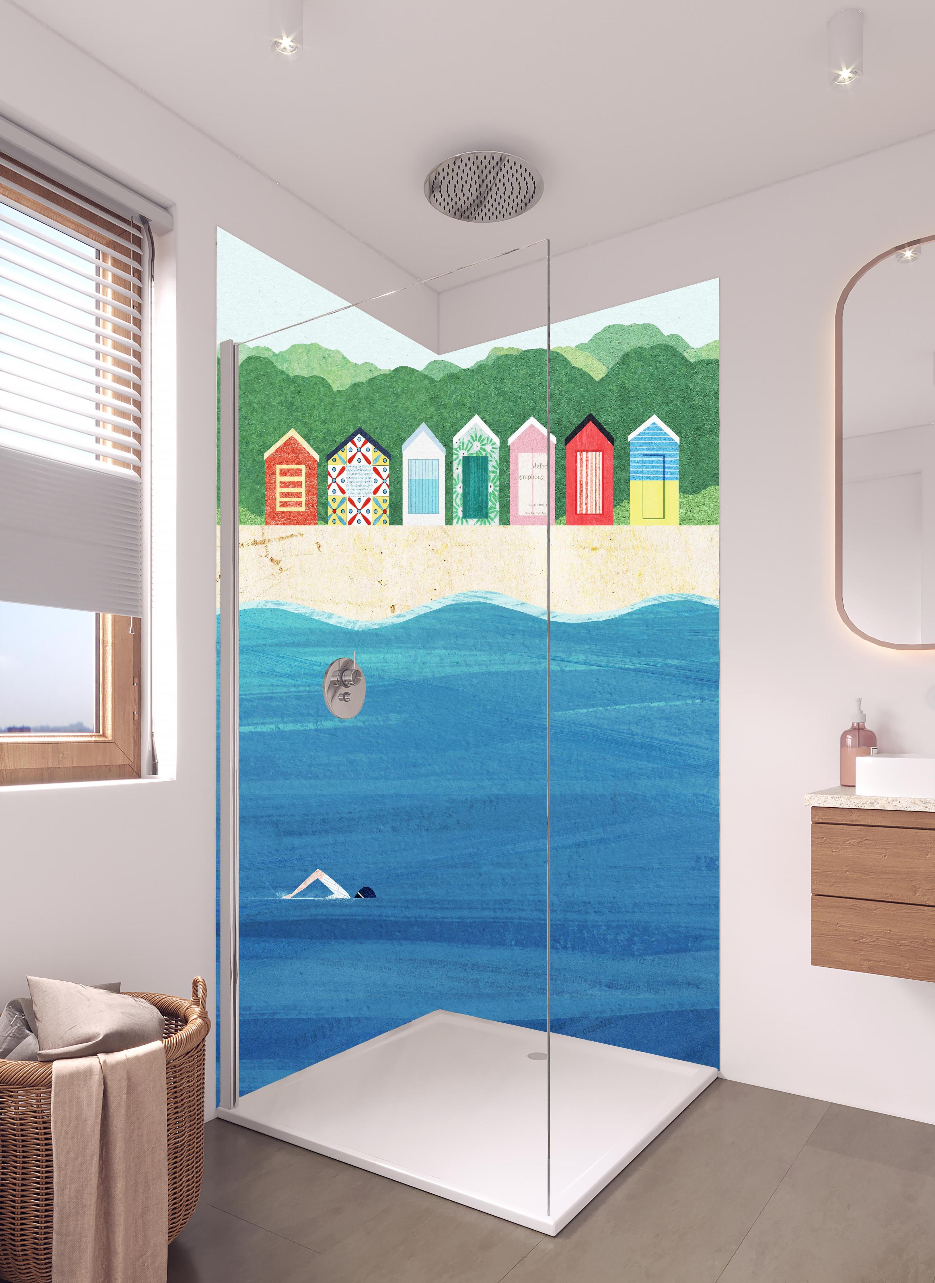 Duschrückwand - Brighton Beach Bunte Hütten und Meer in hellem Badezimmer mit Regenduschkopf - zweiteilige Eck-Duschrückwand