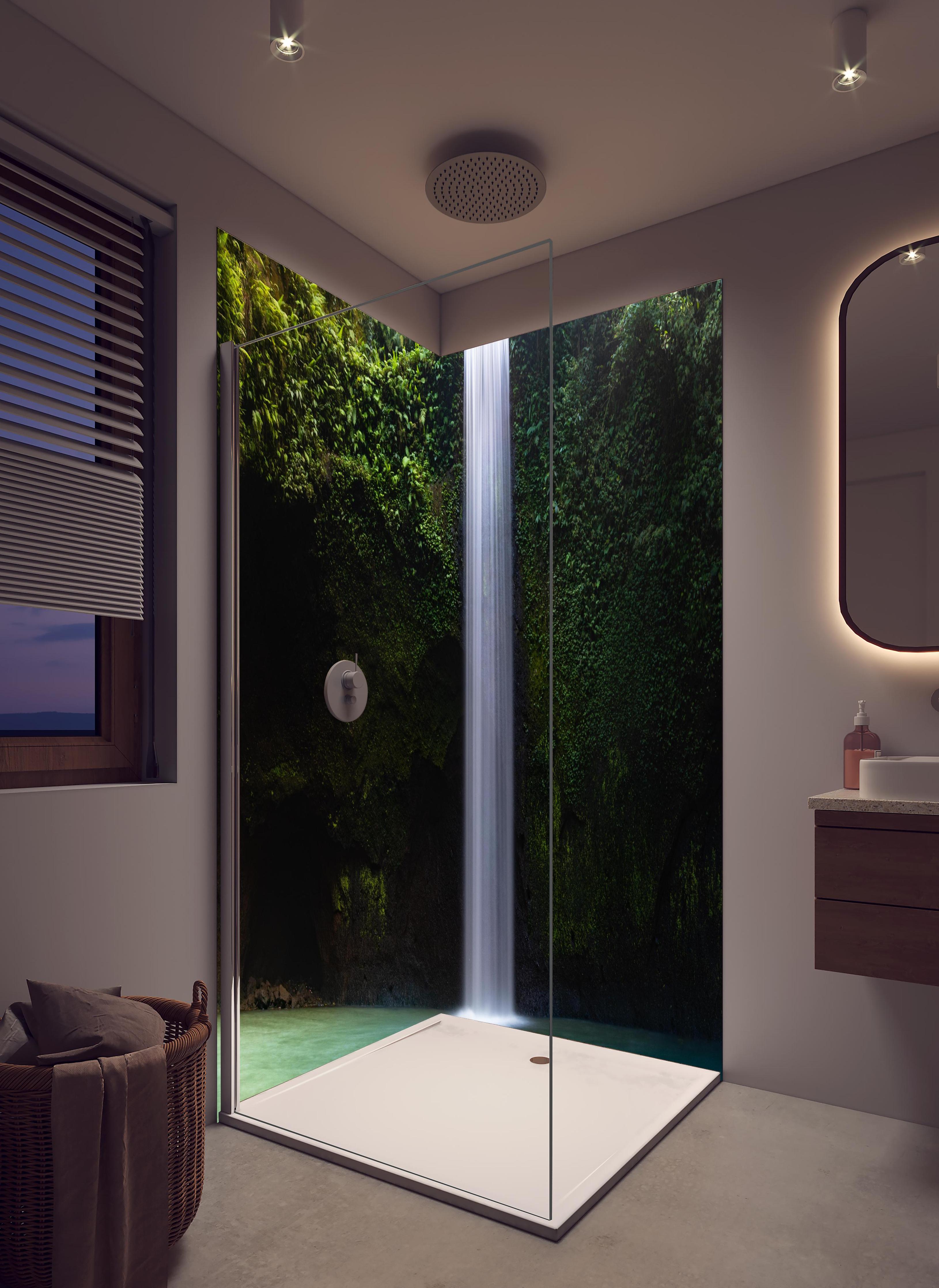 Duschrückwand - Brillante Kaskade auf Bali in hellem Badezimmer mit Regenduschkopf - zweiteilige Eck-Duschrückwand