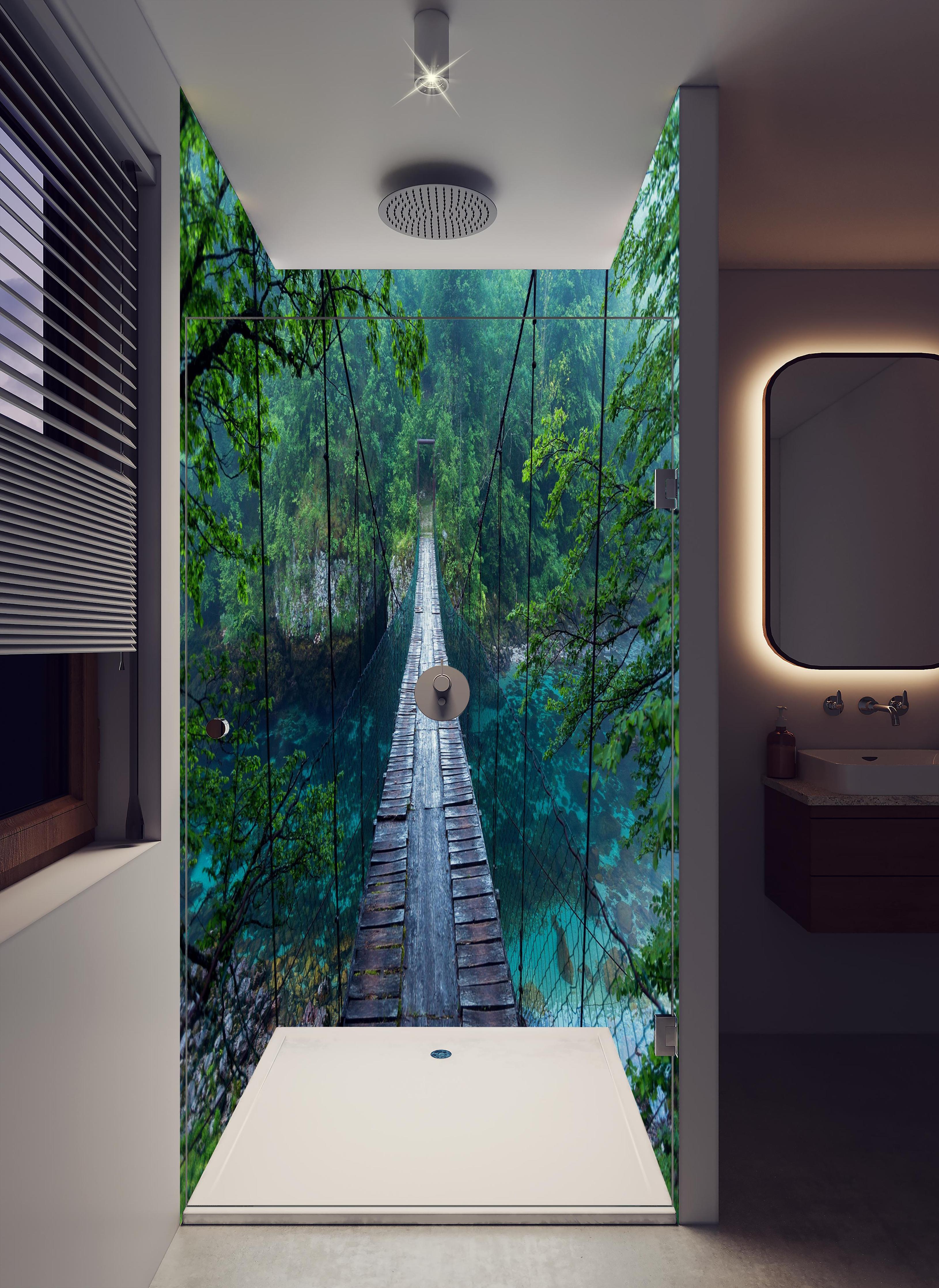 Duschrückwand - Brücke über Kristallklarem Fluss in hellem Badezimmer mit Regenduschkopf - zweiteilige Eck-Duschrückwand