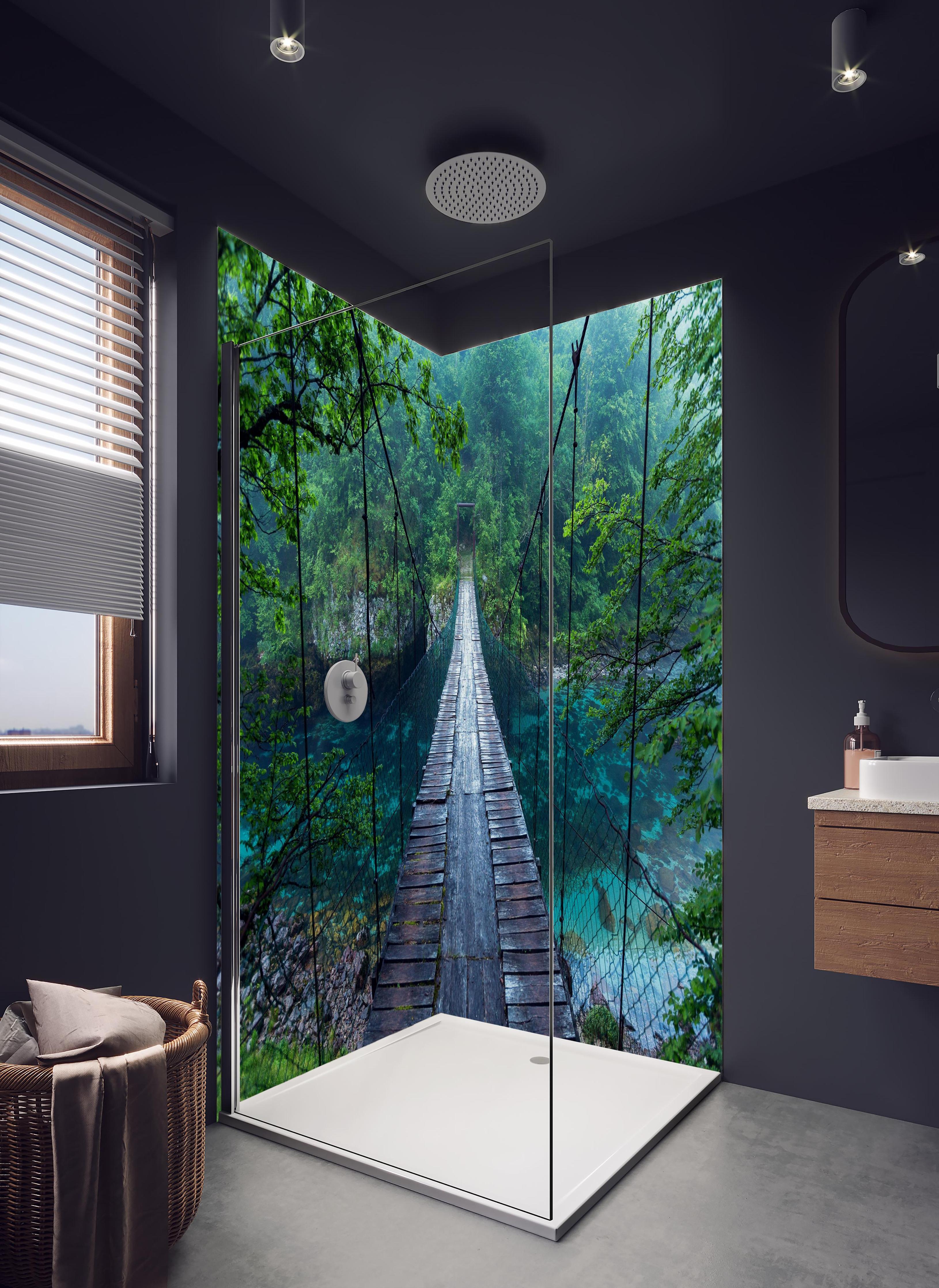 Duschrückwand - Brücke über Kristallklarem Fluss in hellem Badezimmer mit Regenduschkopf - zweiteilige Eck-Duschrückwand