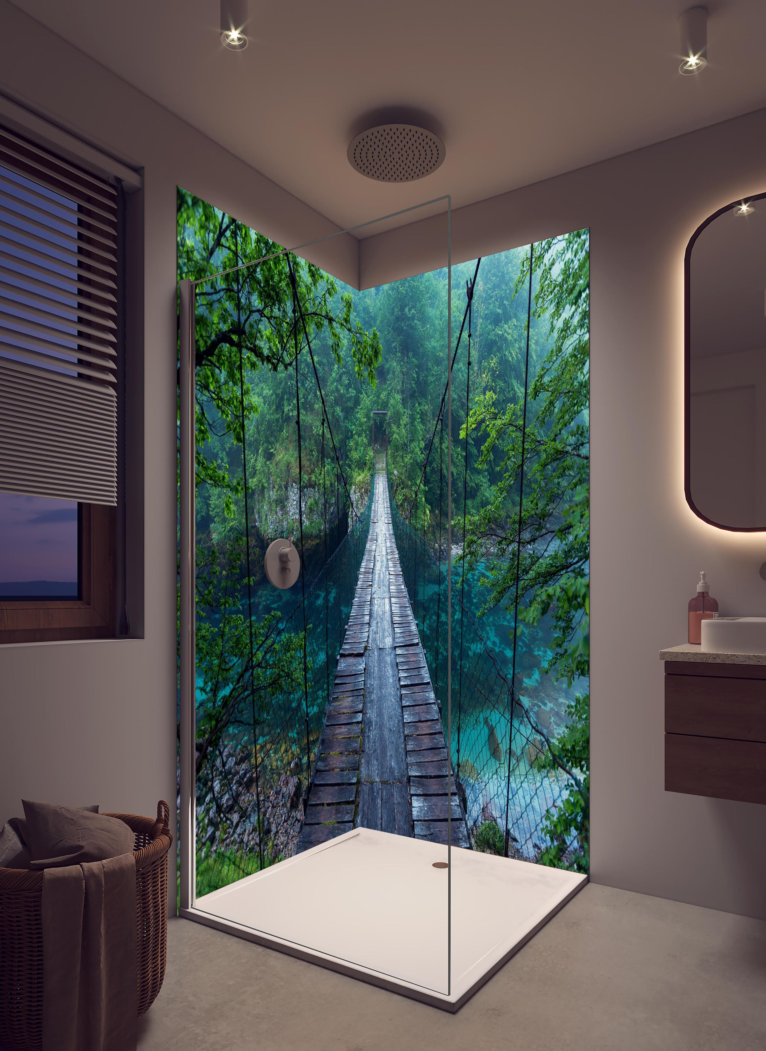 Duschrückwand - Brücke über Kristallklarem Fluss in hellem Badezimmer mit Regenduschkopf - zweiteilige Eck-Duschrückwand