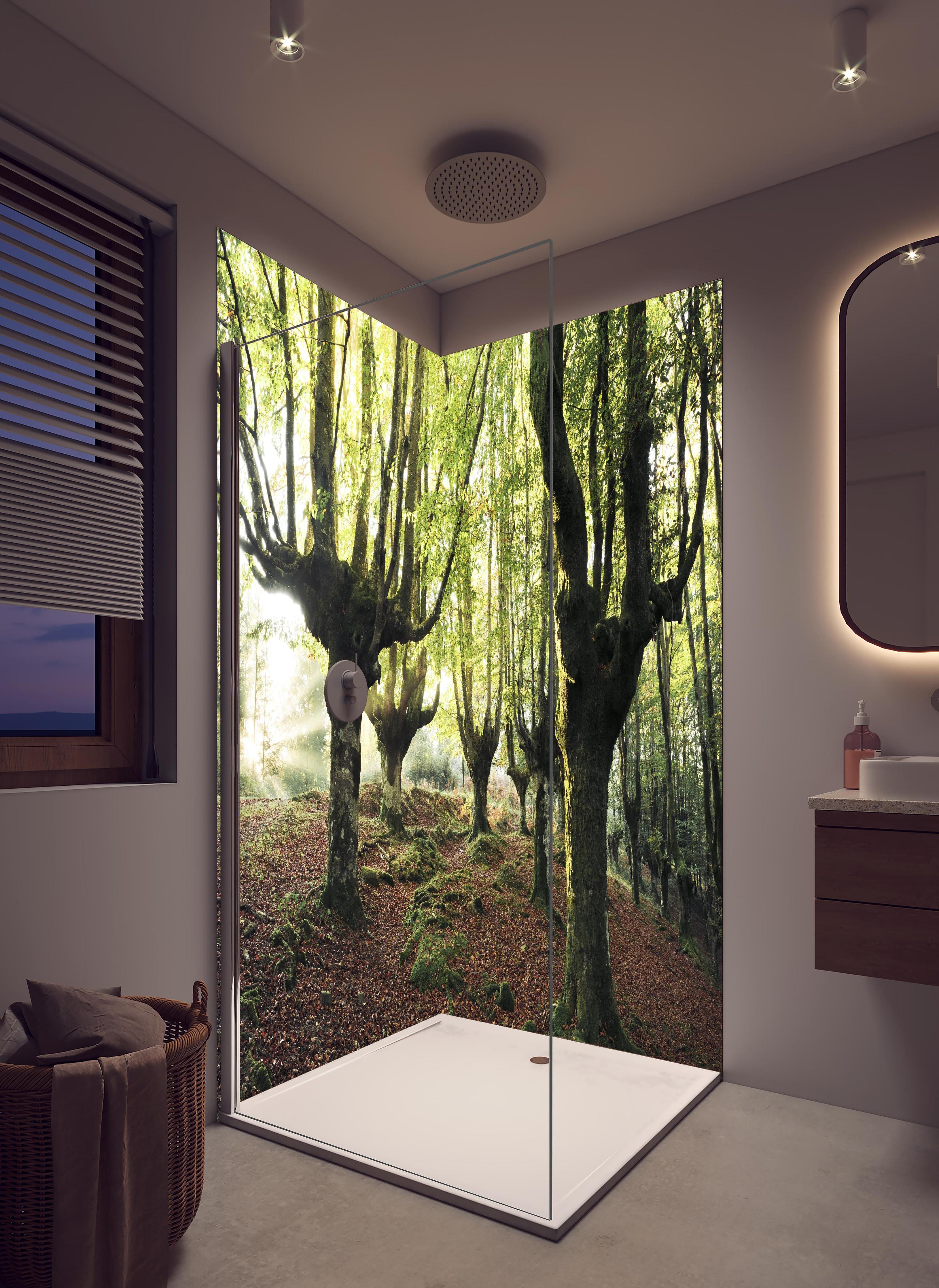 Duschrückwand - Buchenwald in Spanien in hellem Badezimmer mit Regenduschkopf - zweiteilige Eck-Duschrückwand