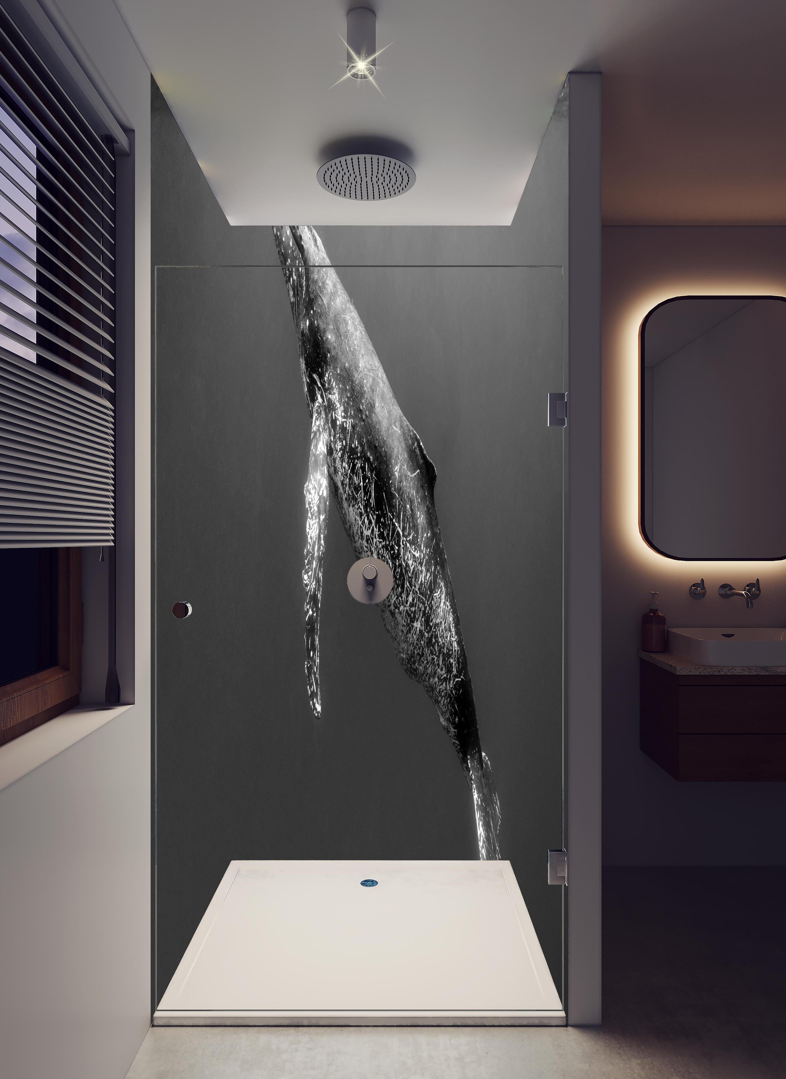 Duschrückwand - Buckelwal in hellem Badezimmer mit Regenduschkopf - zweiteilige Eck-Duschrückwand