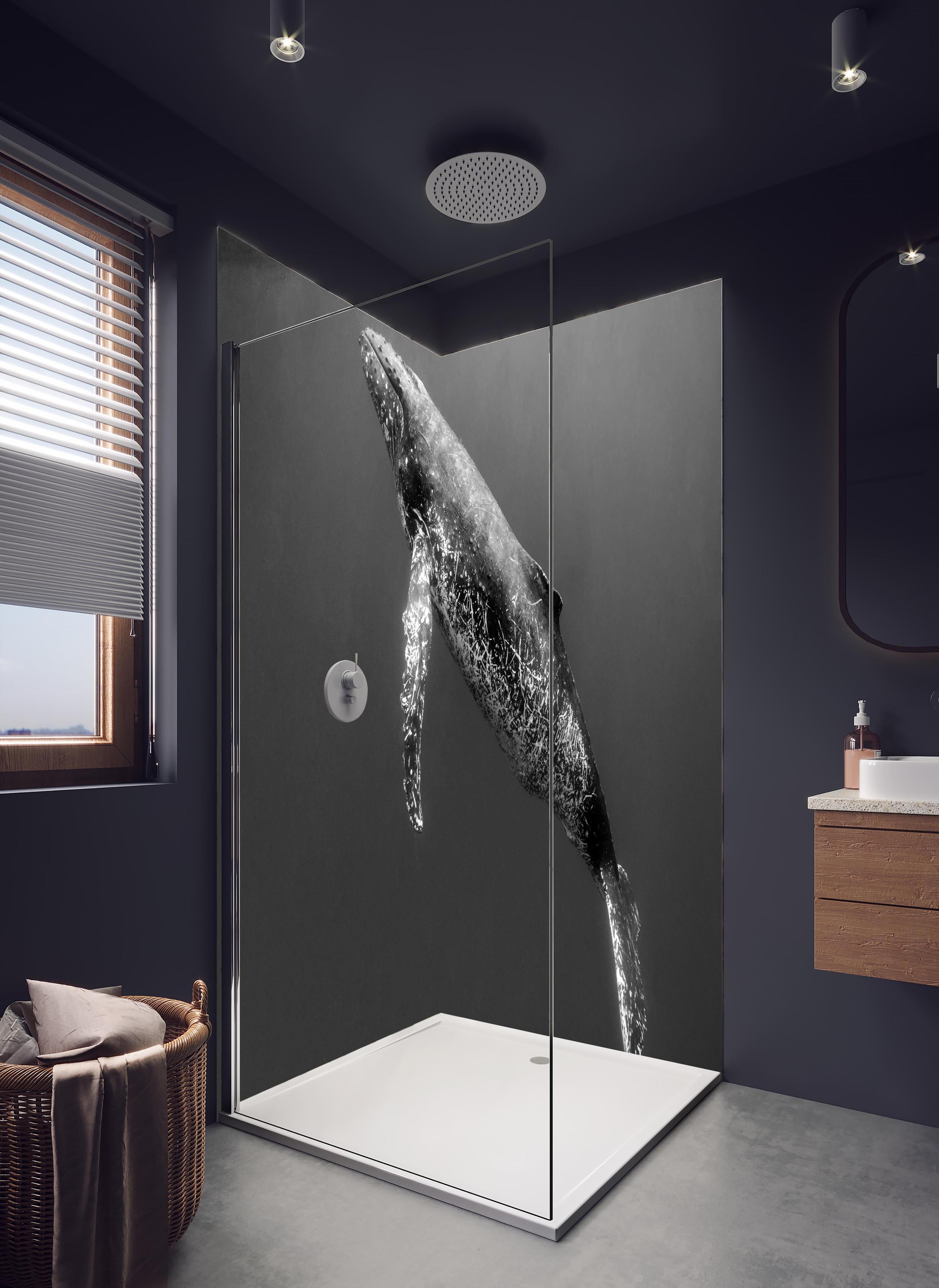 Duschrückwand - Buckelwal in hellem Badezimmer mit Regenduschkopf - zweiteilige Eck-Duschrückwand