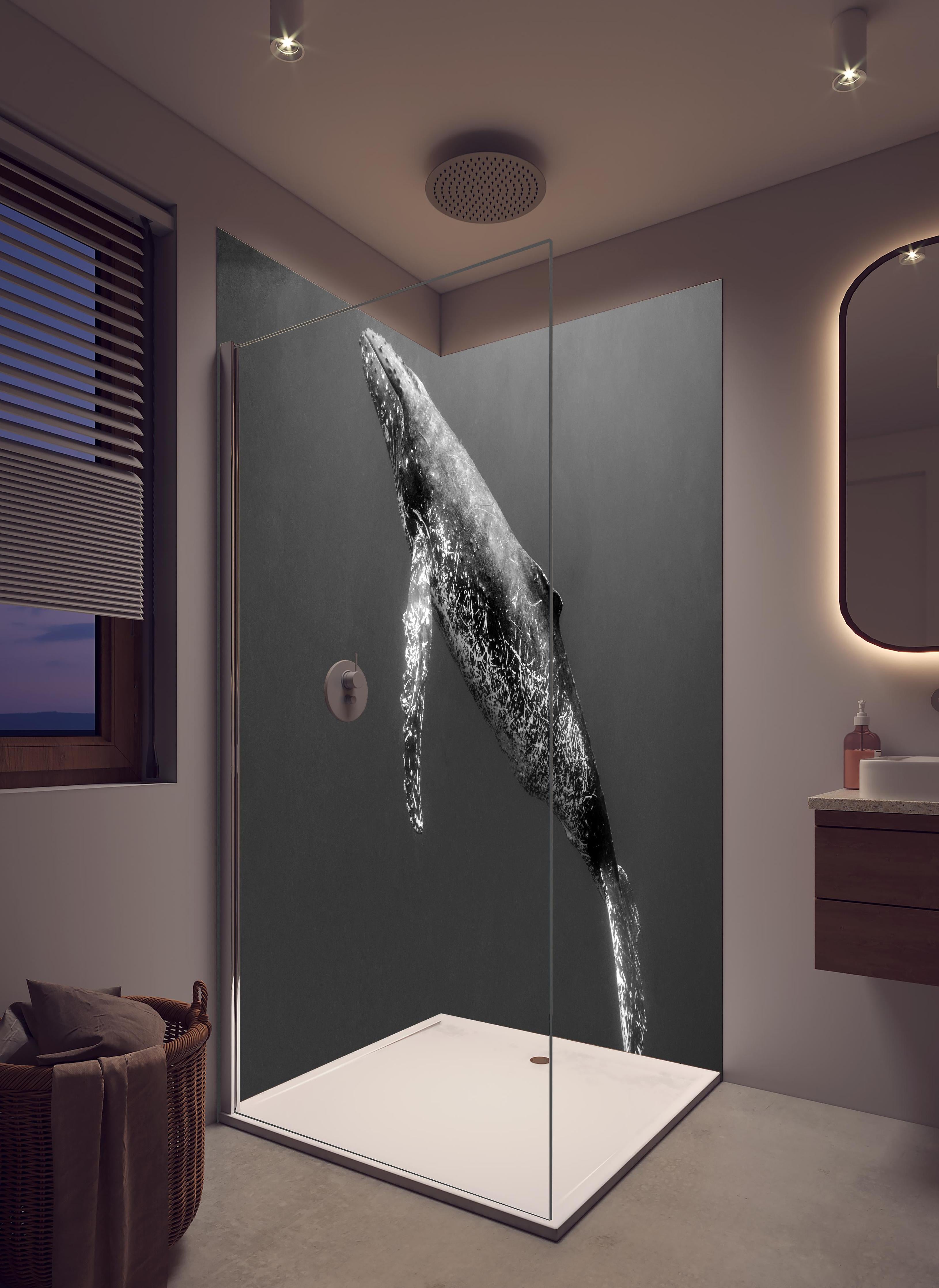 Duschrückwand - Buckelwal in hellem Badezimmer mit Regenduschkopf - zweiteilige Eck-Duschrückwand