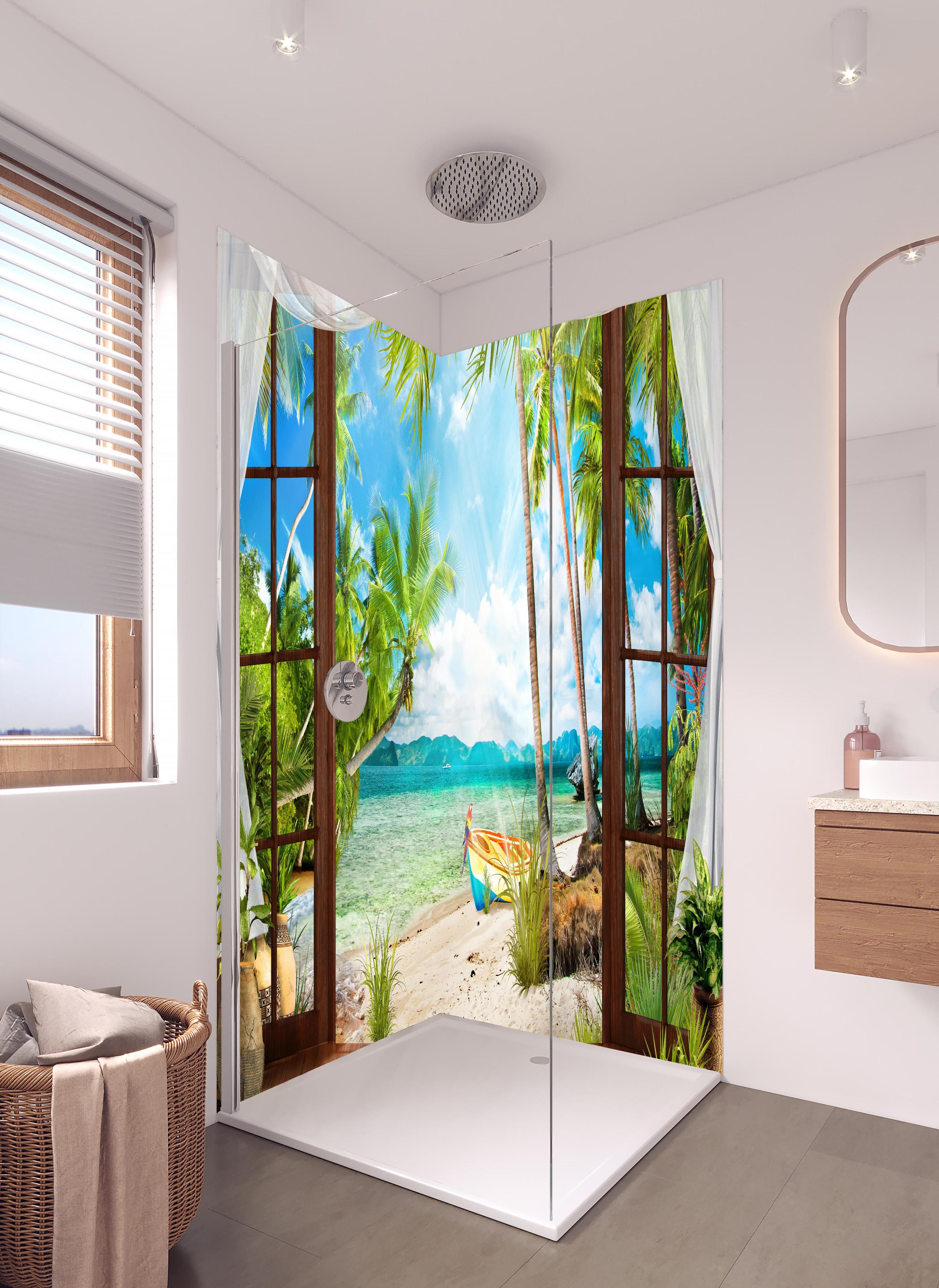 Duschrückwand - Bungalow mit Blick aufs Meer in hellem Badezimmer mit Regenduschkopf - zweiteilige Eck-Duschrückwand