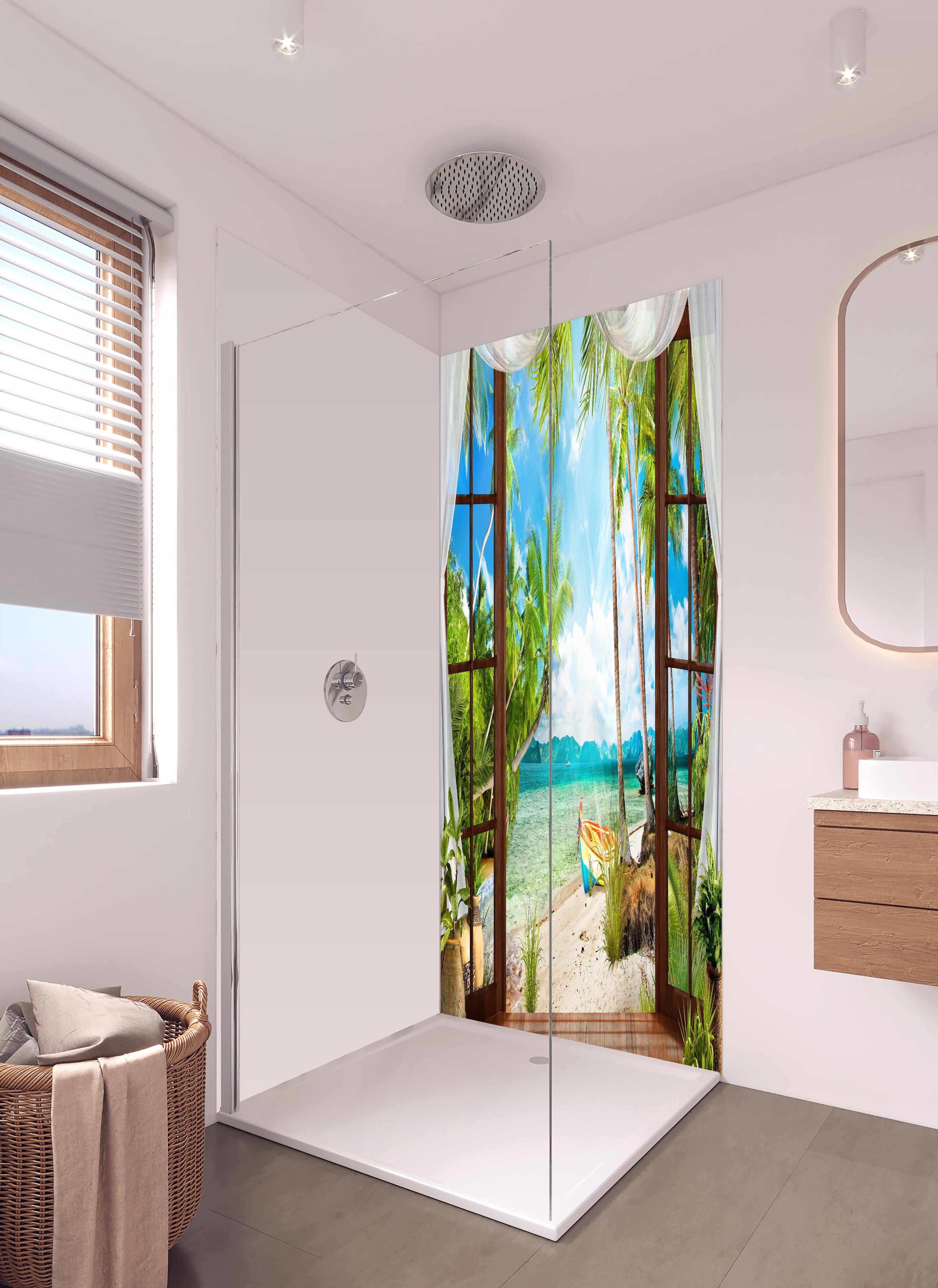 Duschrückwand - Bungalow mit Blick aufs Meer in hellem Badezimmer mit Regenduschkopf - zweiteilige Eck-Duschrückwand