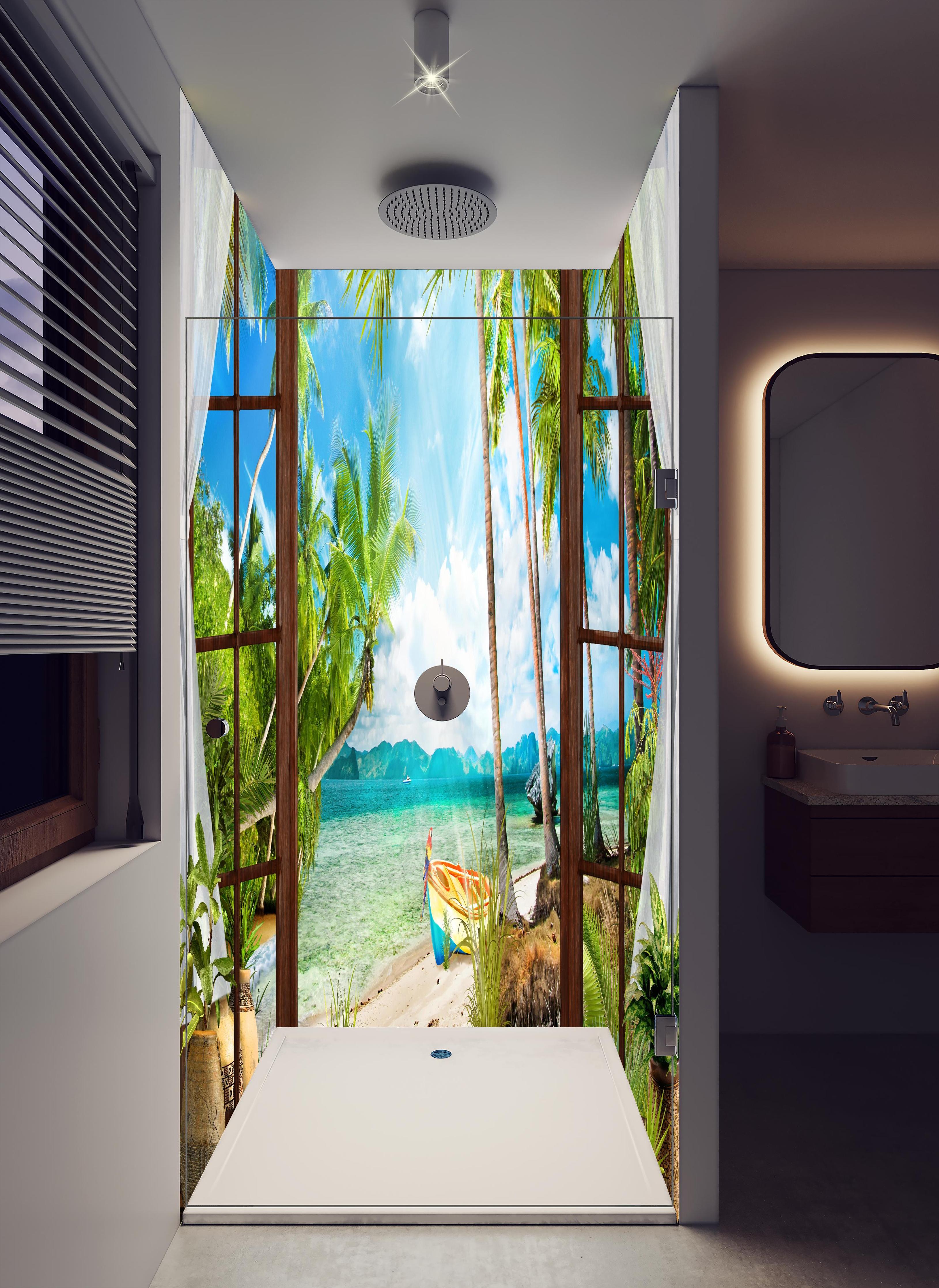 Duschrückwand - Bungalow mit Blick aufs Meer in hellem Badezimmer mit Regenduschkopf - zweiteilige Eck-Duschrückwand