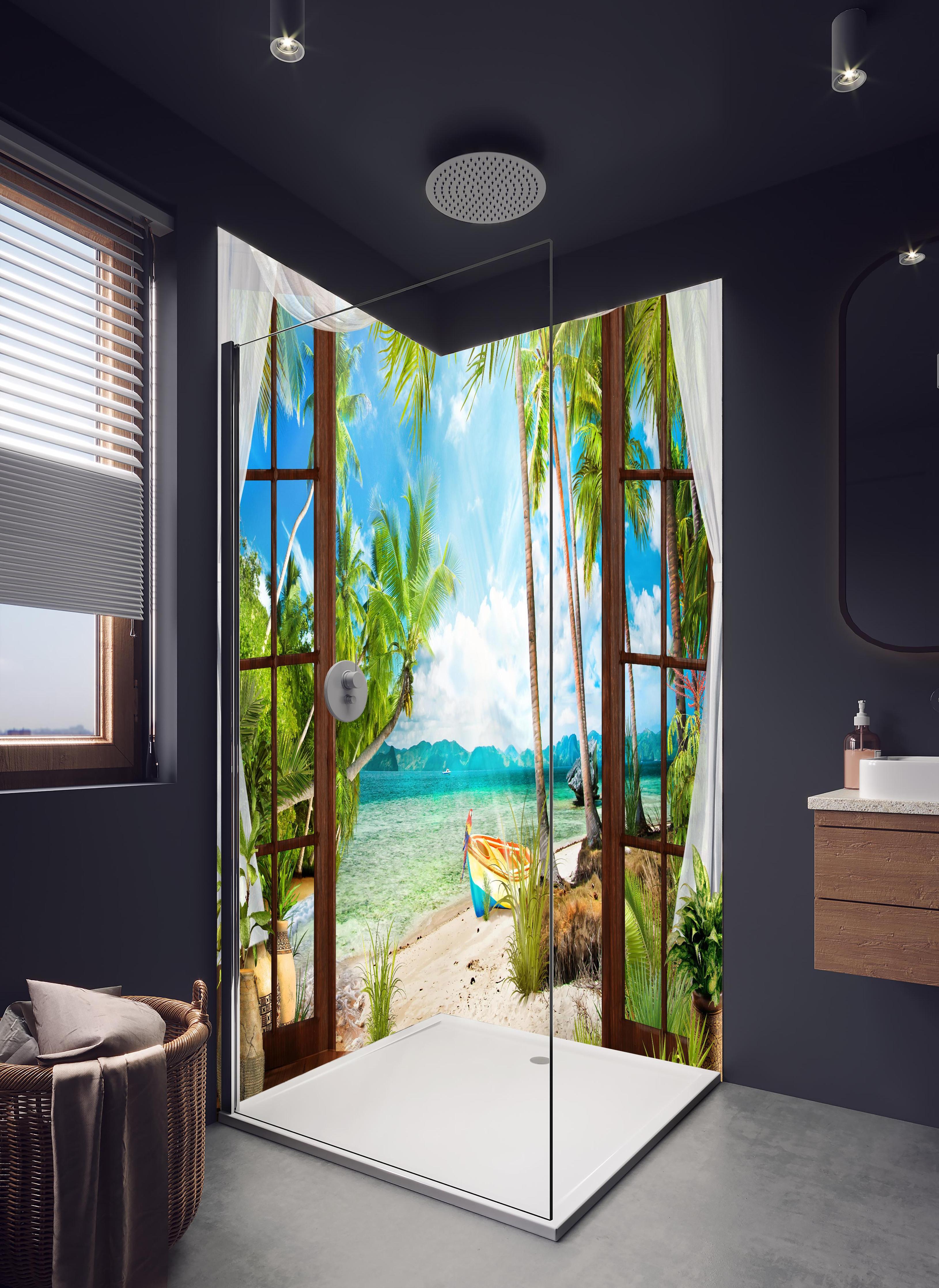 Duschrückwand - Bungalow mit Blick aufs Meer in hellem Badezimmer mit Regenduschkopf - zweiteilige Eck-Duschrückwand