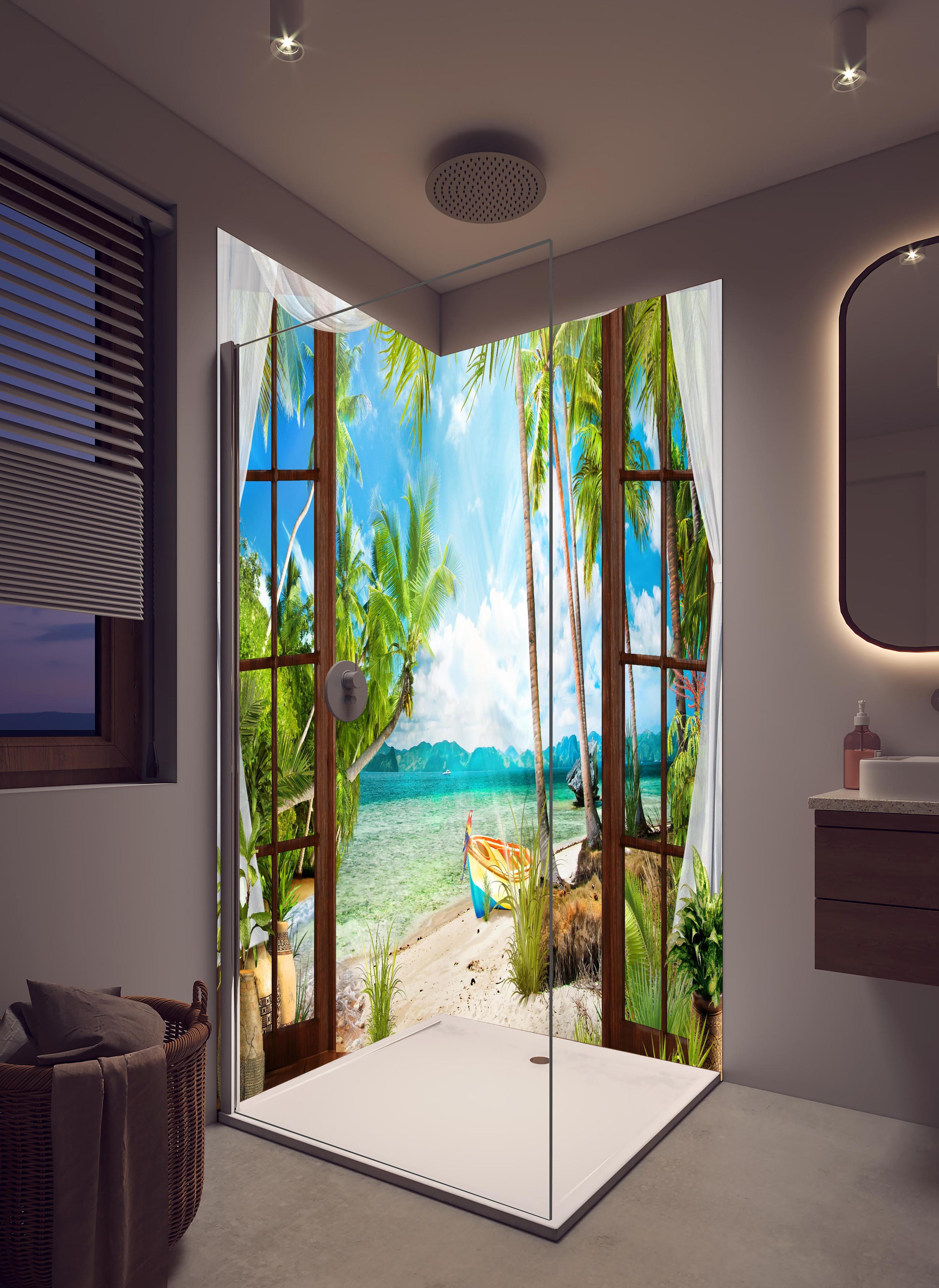 Duschrückwand - Bungalow mit Blick aufs Meer in hellem Badezimmer mit Regenduschkopf - zweiteilige Eck-Duschrückwand