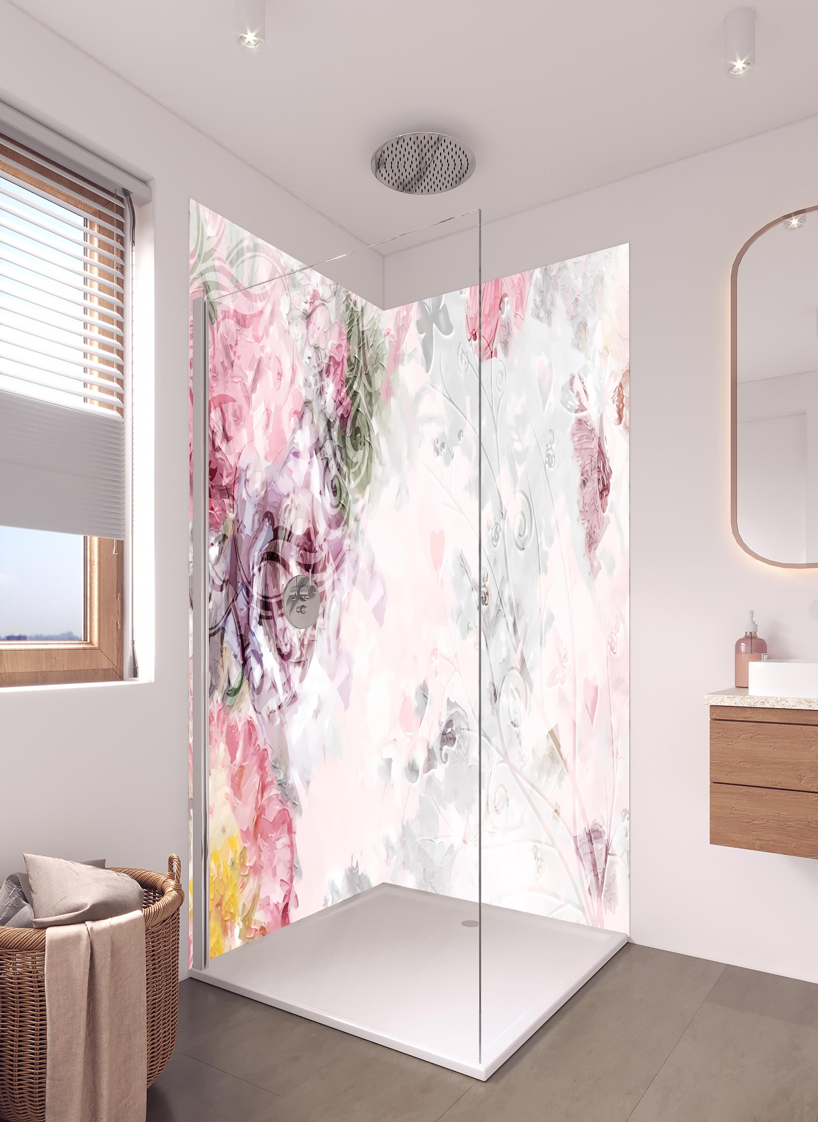 Duschrückwand - Bunte Blumen - Pastell Farben in hellem Badezimmer mit Regenduschkopf - zweiteilige Eck-Duschrückwand