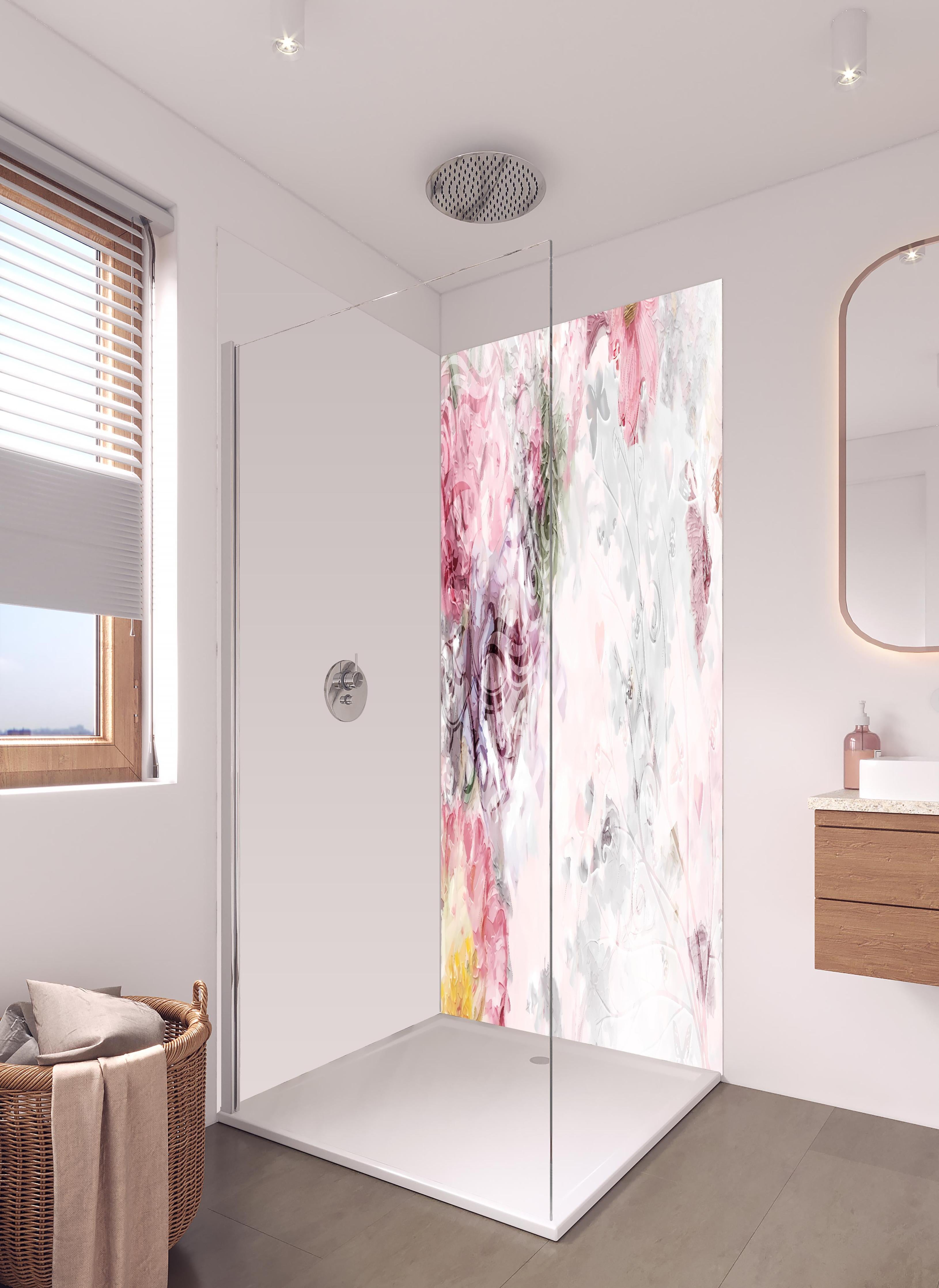 Duschrückwand - Bunte Blumen - Pastell Farben in hellem Badezimmer mit Regenduschkopf - zweiteilige Eck-Duschrückwand