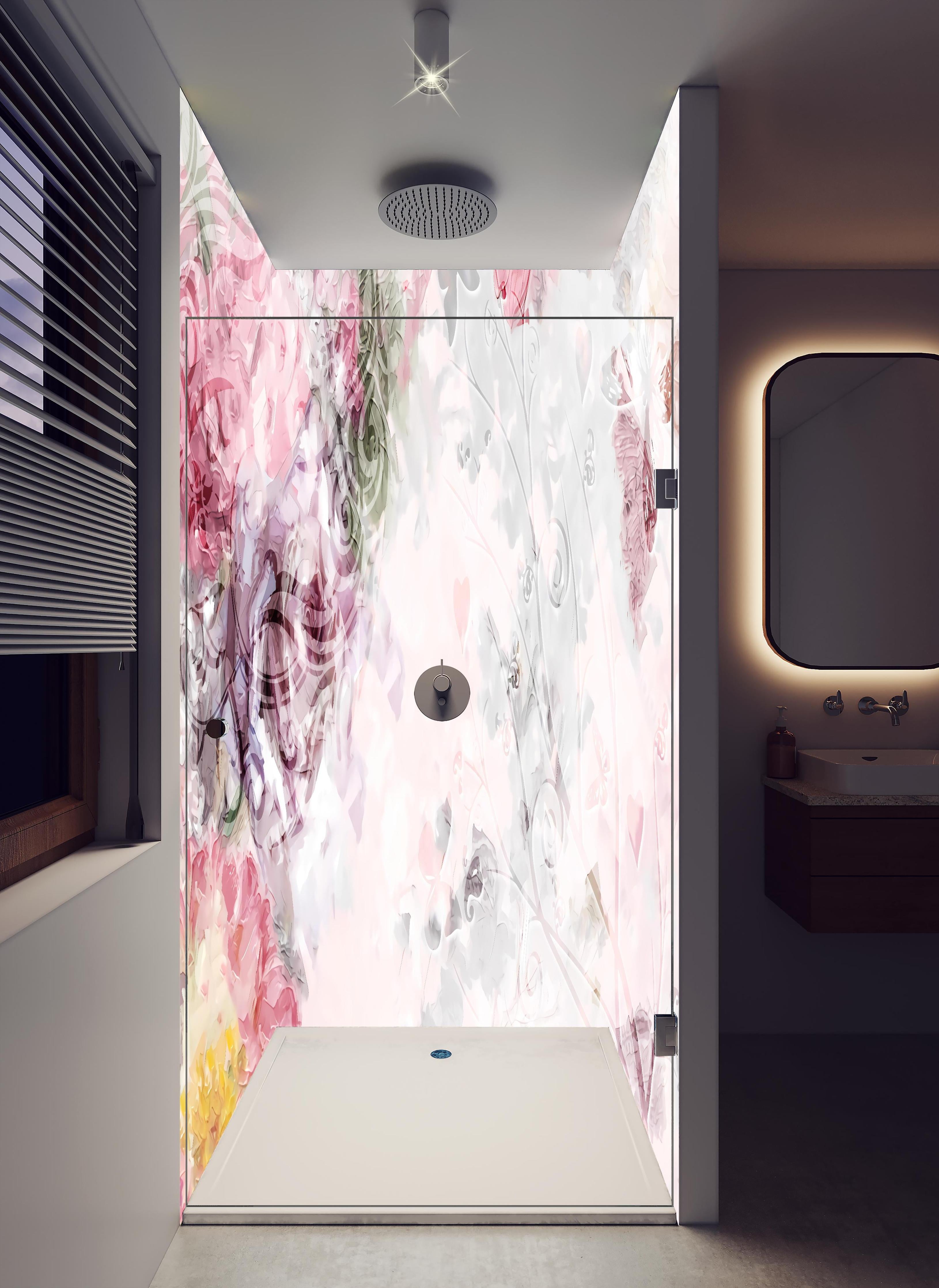 Duschrückwand - Bunte Blumen - Pastell Farben in hellem Badezimmer mit Regenduschkopf - zweiteilige Eck-Duschrückwand