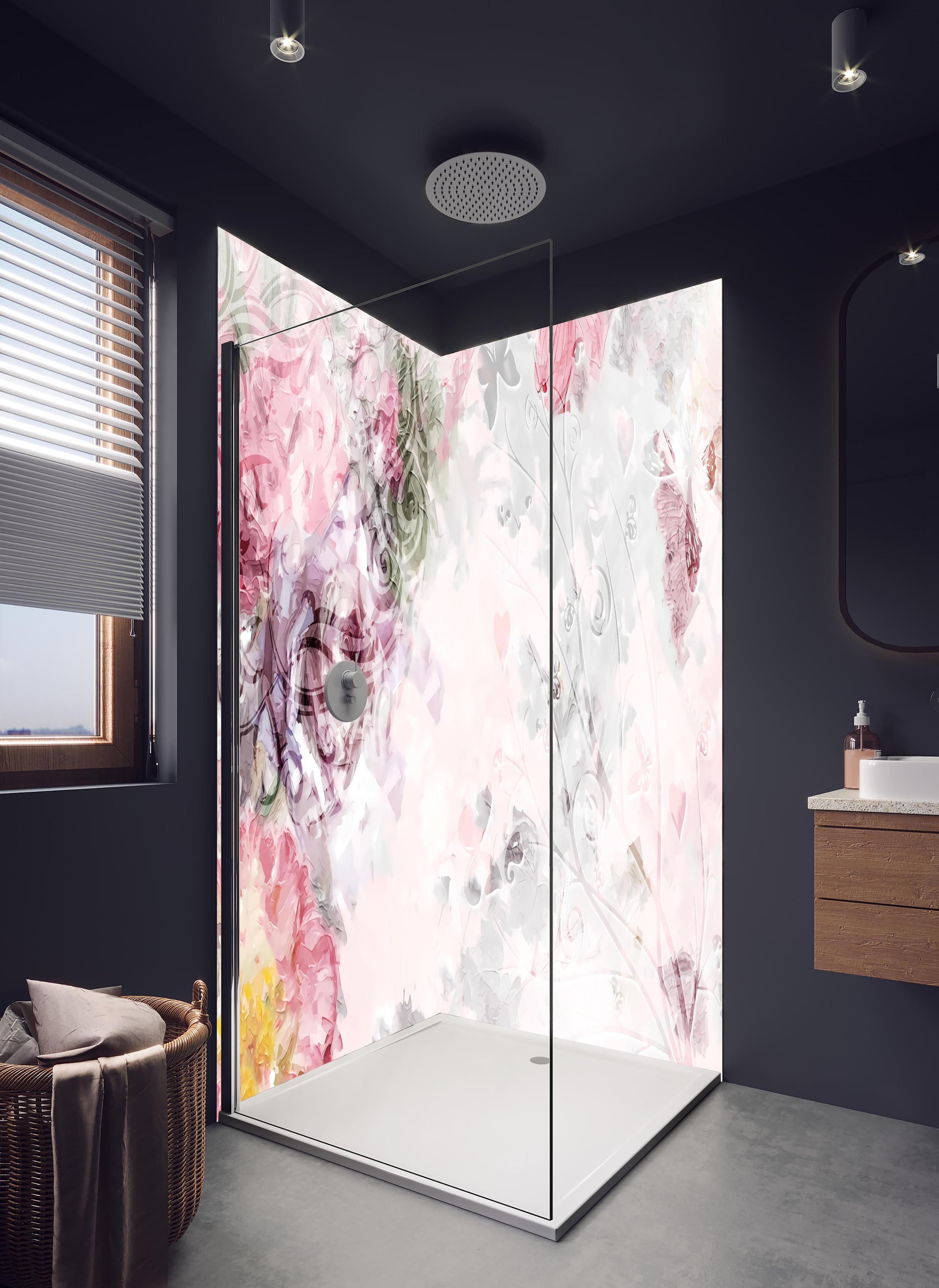 Duschrückwand - Bunte Blumen - Pastell Farben in hellem Badezimmer mit Regenduschkopf - zweiteilige Eck-Duschrückwand