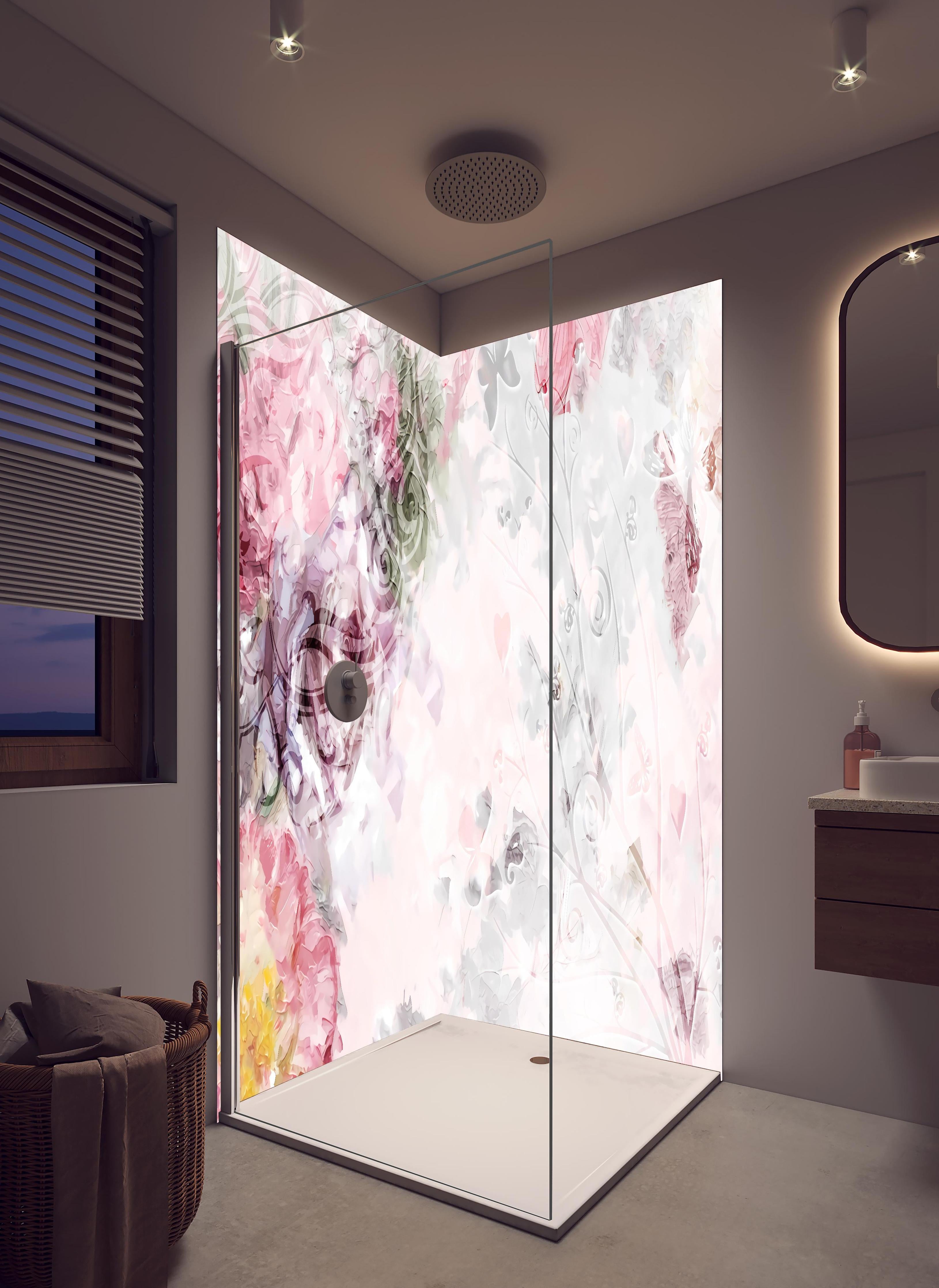 Duschrückwand - Bunte Blumen - Pastell Farben in hellem Badezimmer mit Regenduschkopf - zweiteilige Eck-Duschrückwand