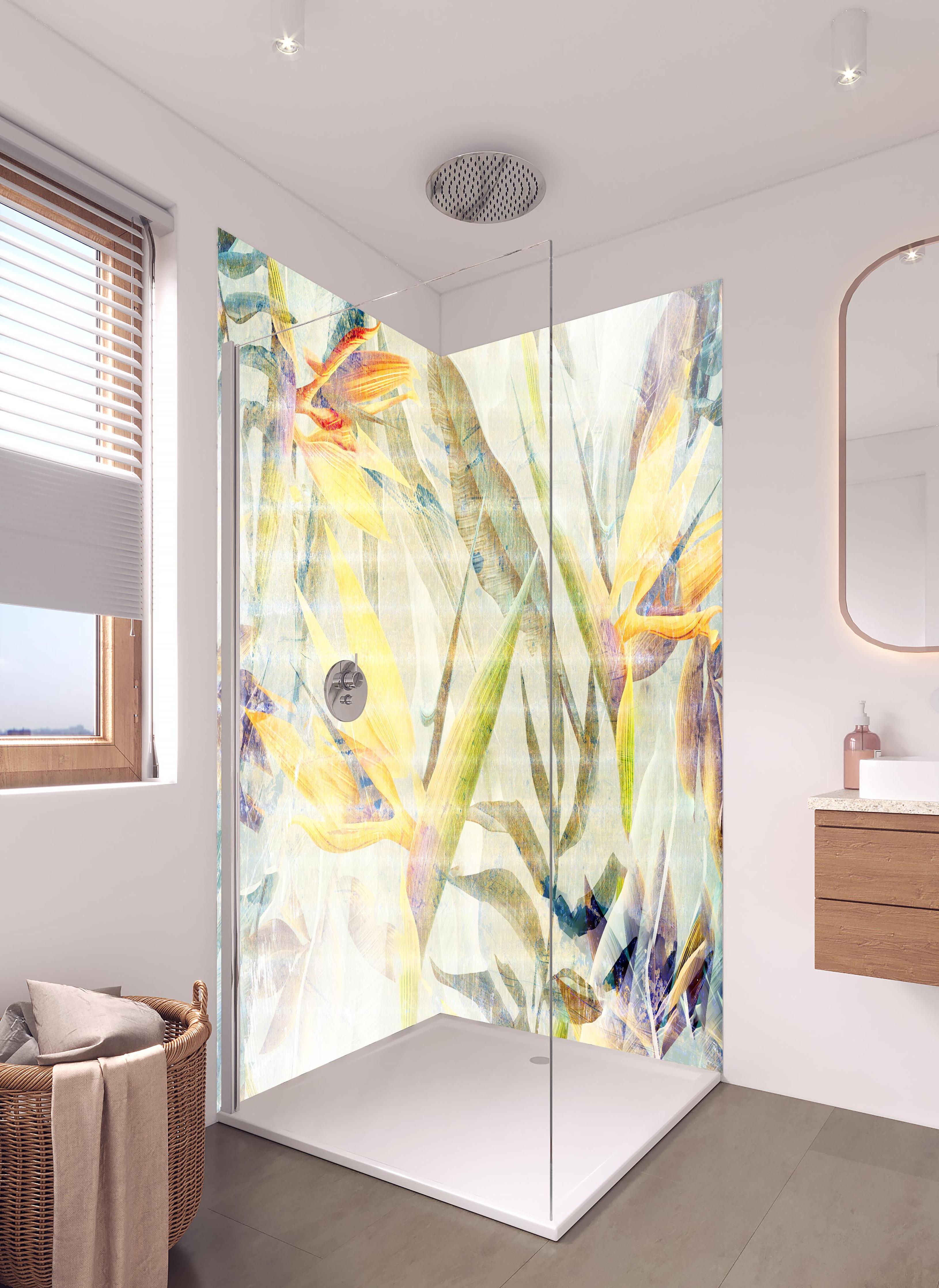Duschrückwand - Bunte Blumen - Portait in hellem Badezimmer mit Regenduschkopf - zweiteilige Eck-Duschrückwand