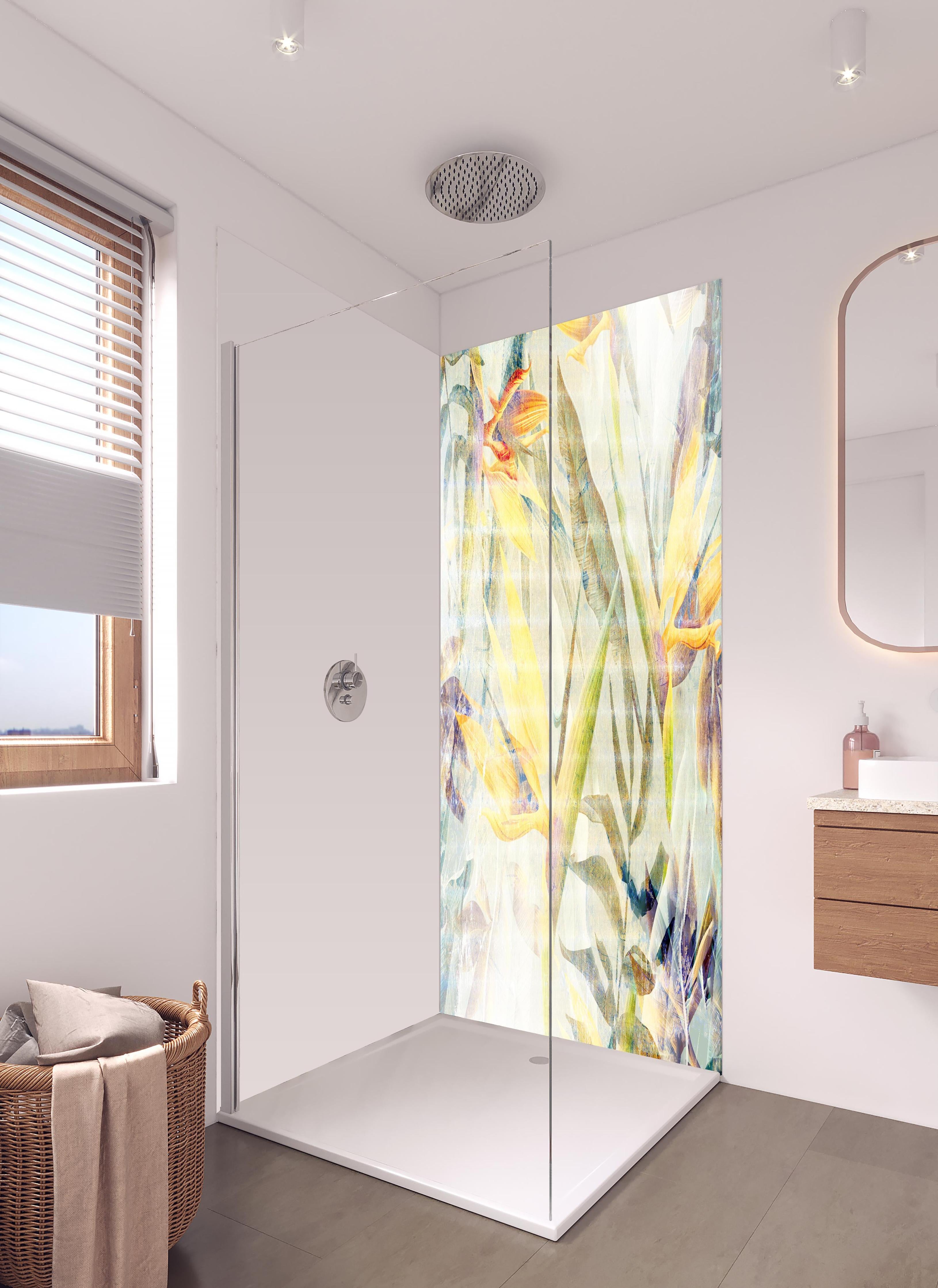 Duschrückwand - Bunte Blumen - Portait in hellem Badezimmer mit Regenduschkopf - zweiteilige Eck-Duschrückwand