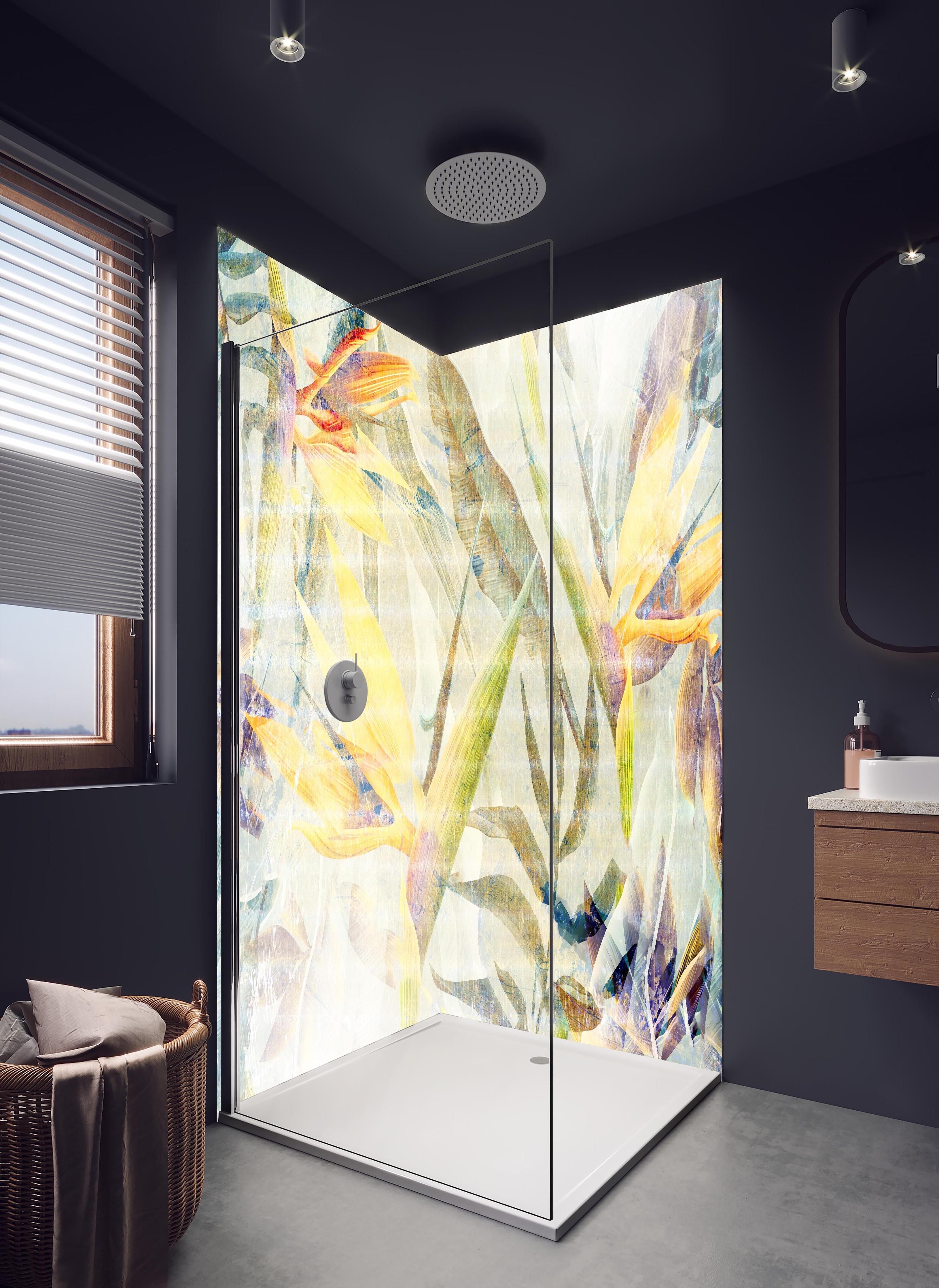 Duschrückwand - Bunte Blumen - Portait in hellem Badezimmer mit Regenduschkopf - zweiteilige Eck-Duschrückwand