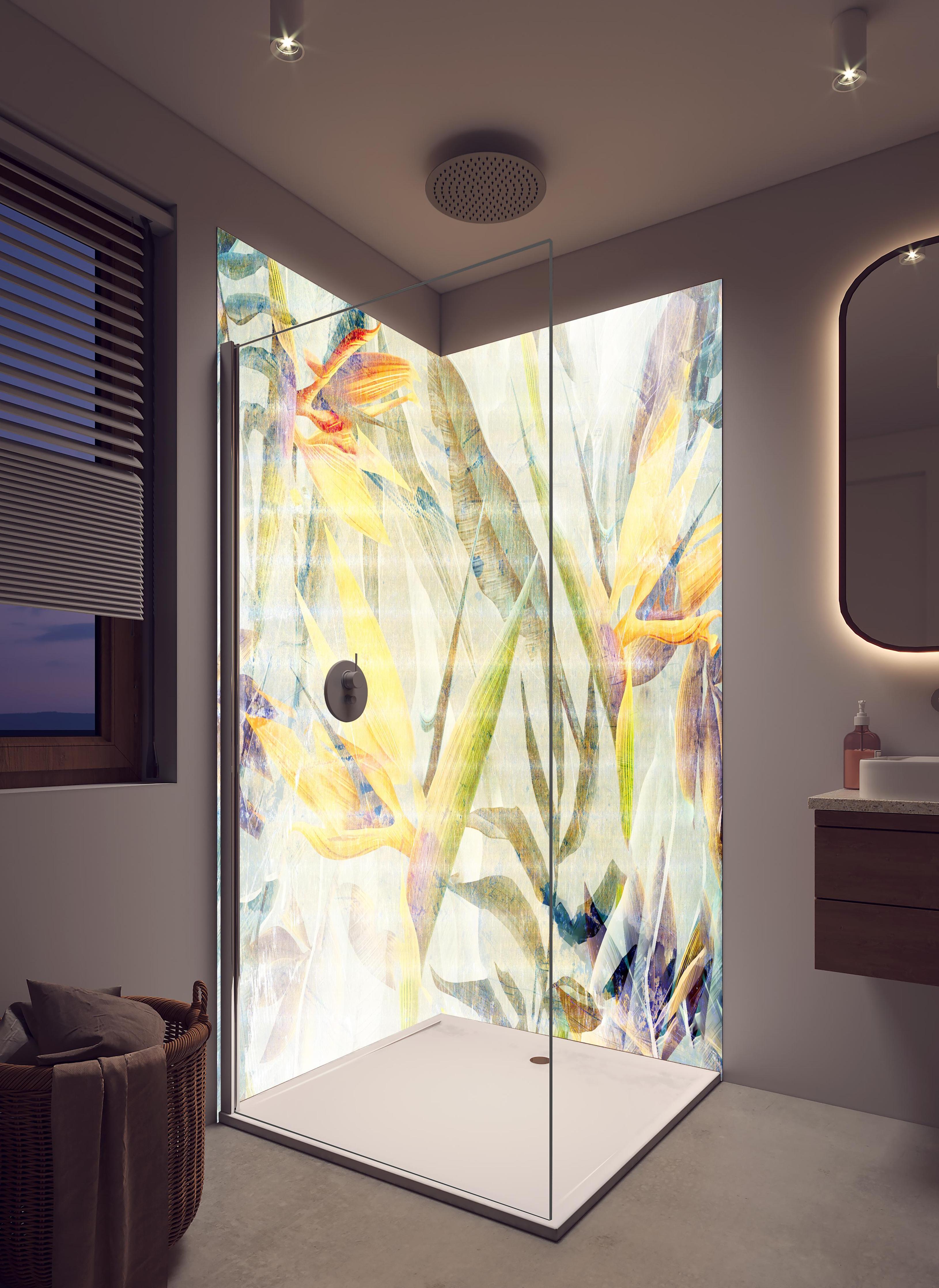 Duschrückwand - Bunte Blumen - Portait in hellem Badezimmer mit Regenduschkopf - zweiteilige Eck-Duschrückwand