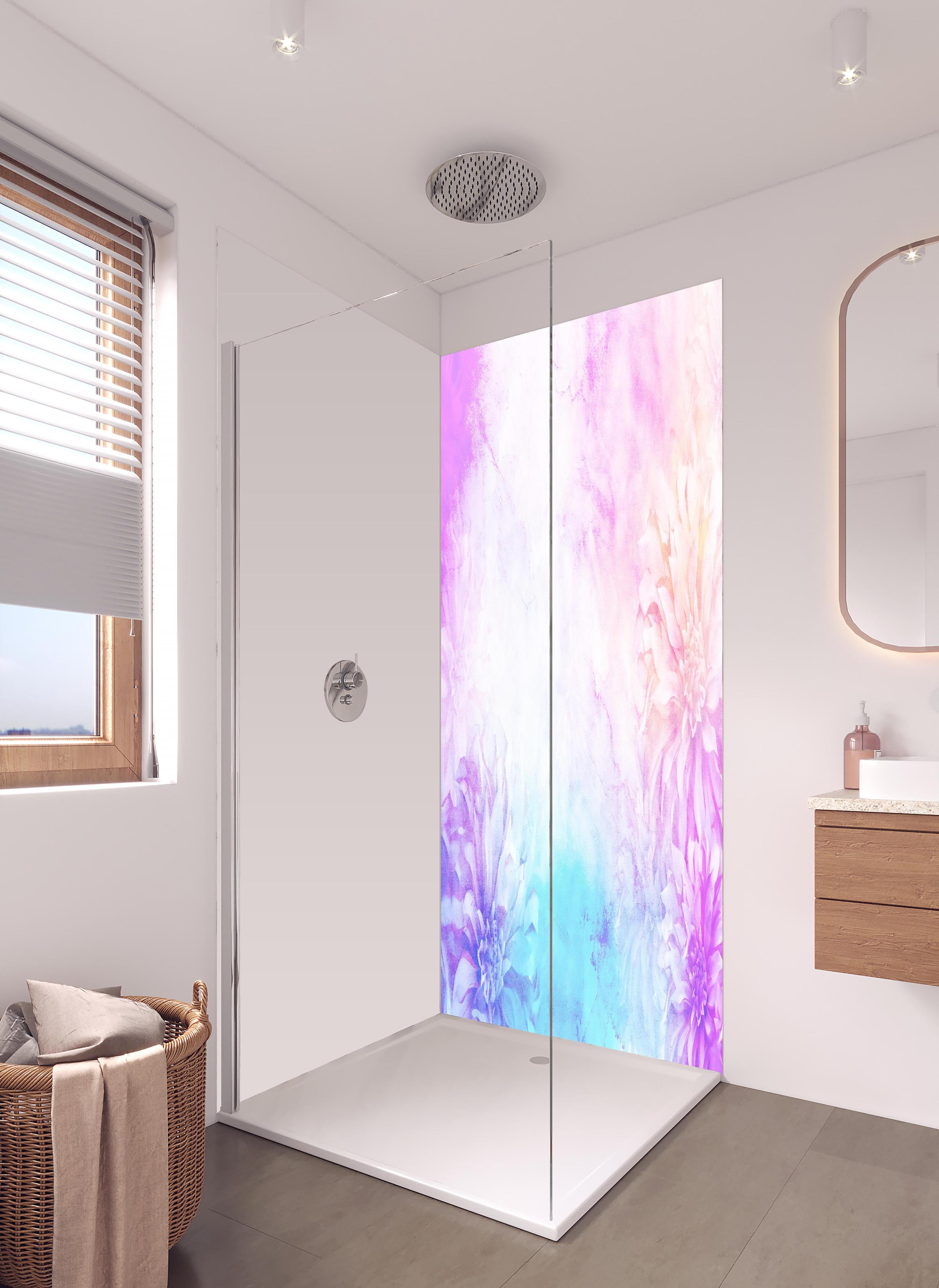 Duschrückwand - Bunte Blumen - Portrait in hellem Badezimmer mit Regenduschkopf - zweiteilige Eck-Duschrückwand