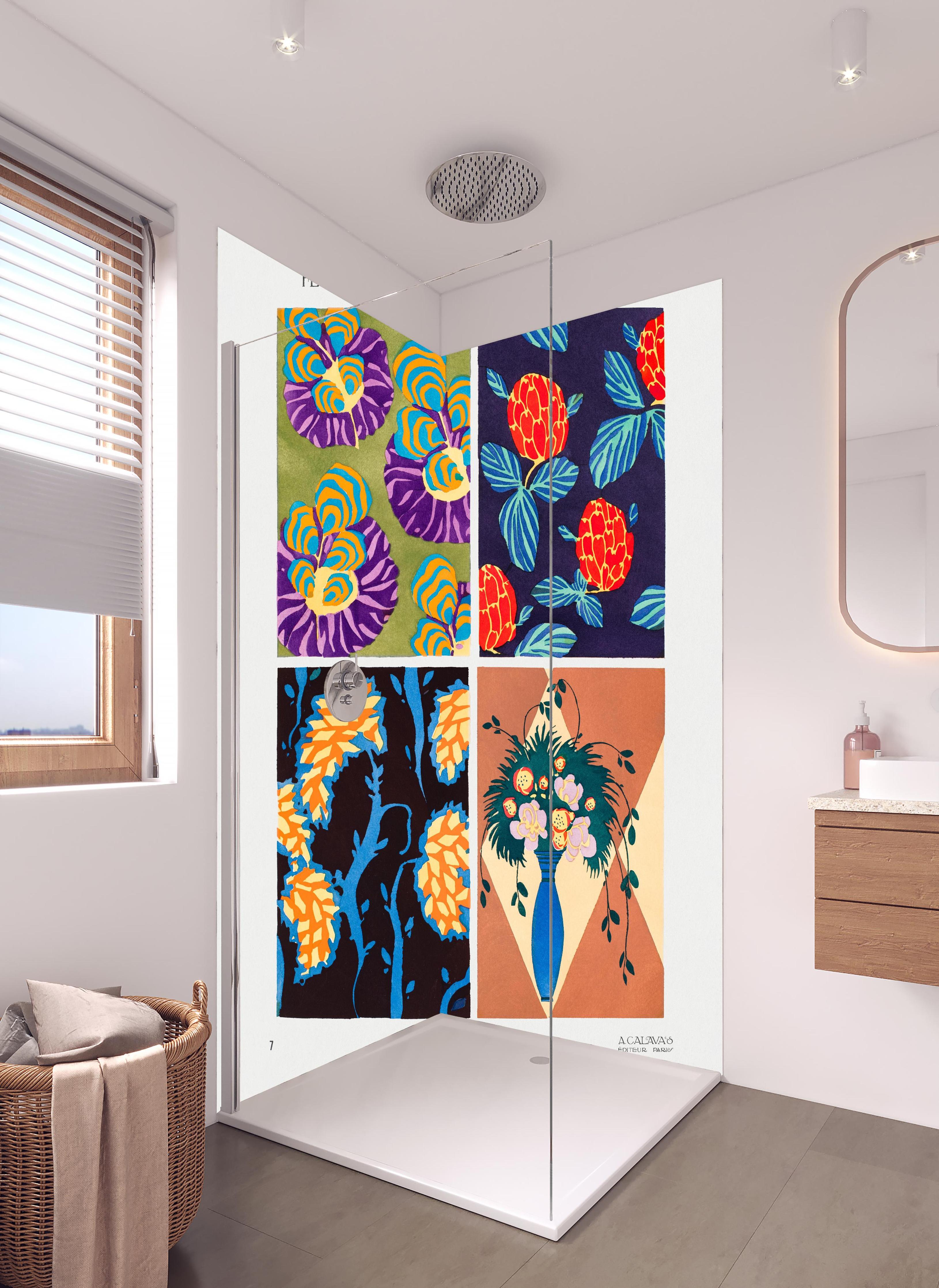 Duschrückwand - Bunte Blumenmuster in hellem Badezimmer mit Regenduschkopf - zweiteilige Eck-Duschrückwand