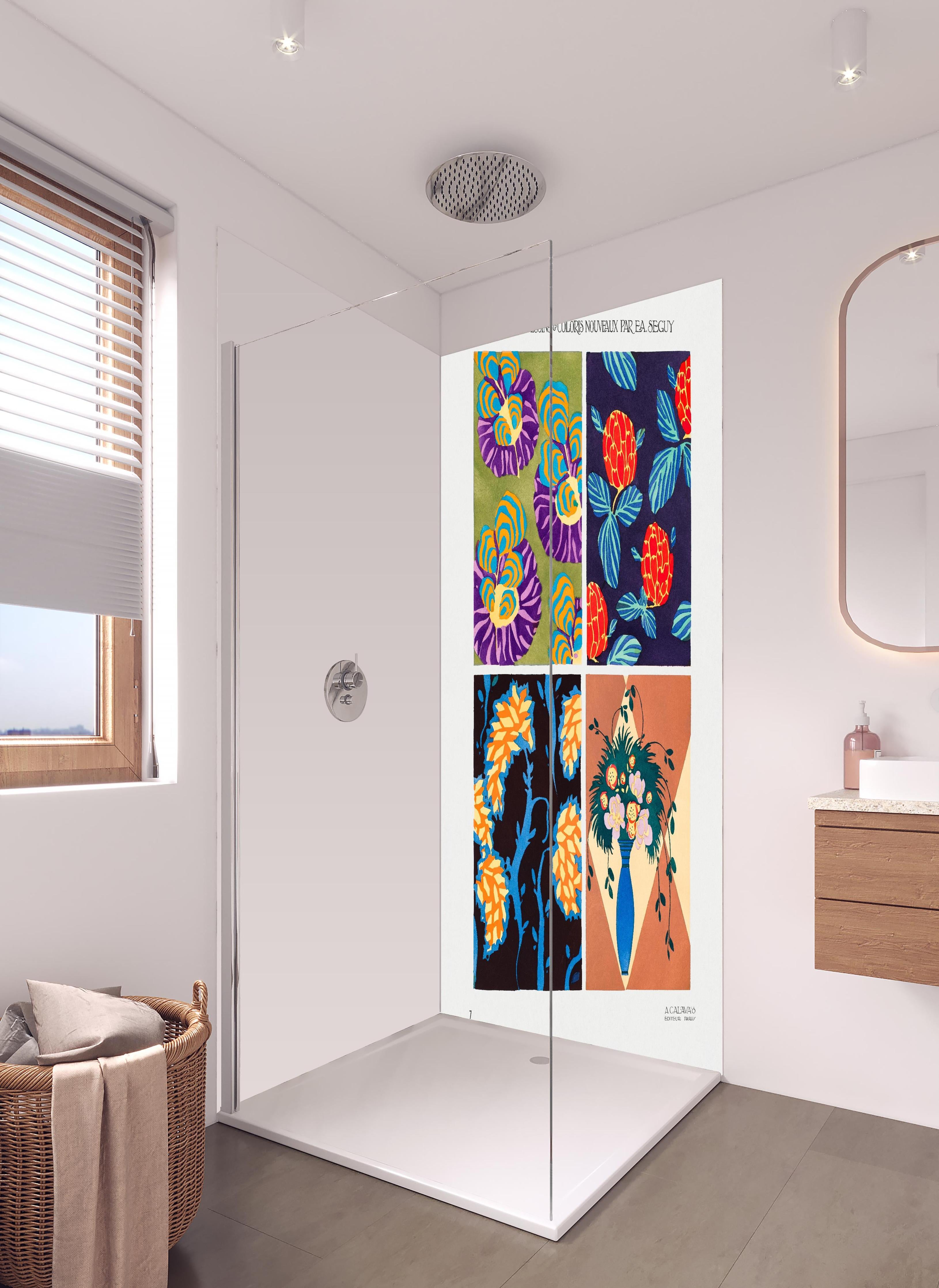 Duschrückwand - Bunte Blumenmuster in hellem Badezimmer mit Regenduschkopf - zweiteilige Eck-Duschrückwand