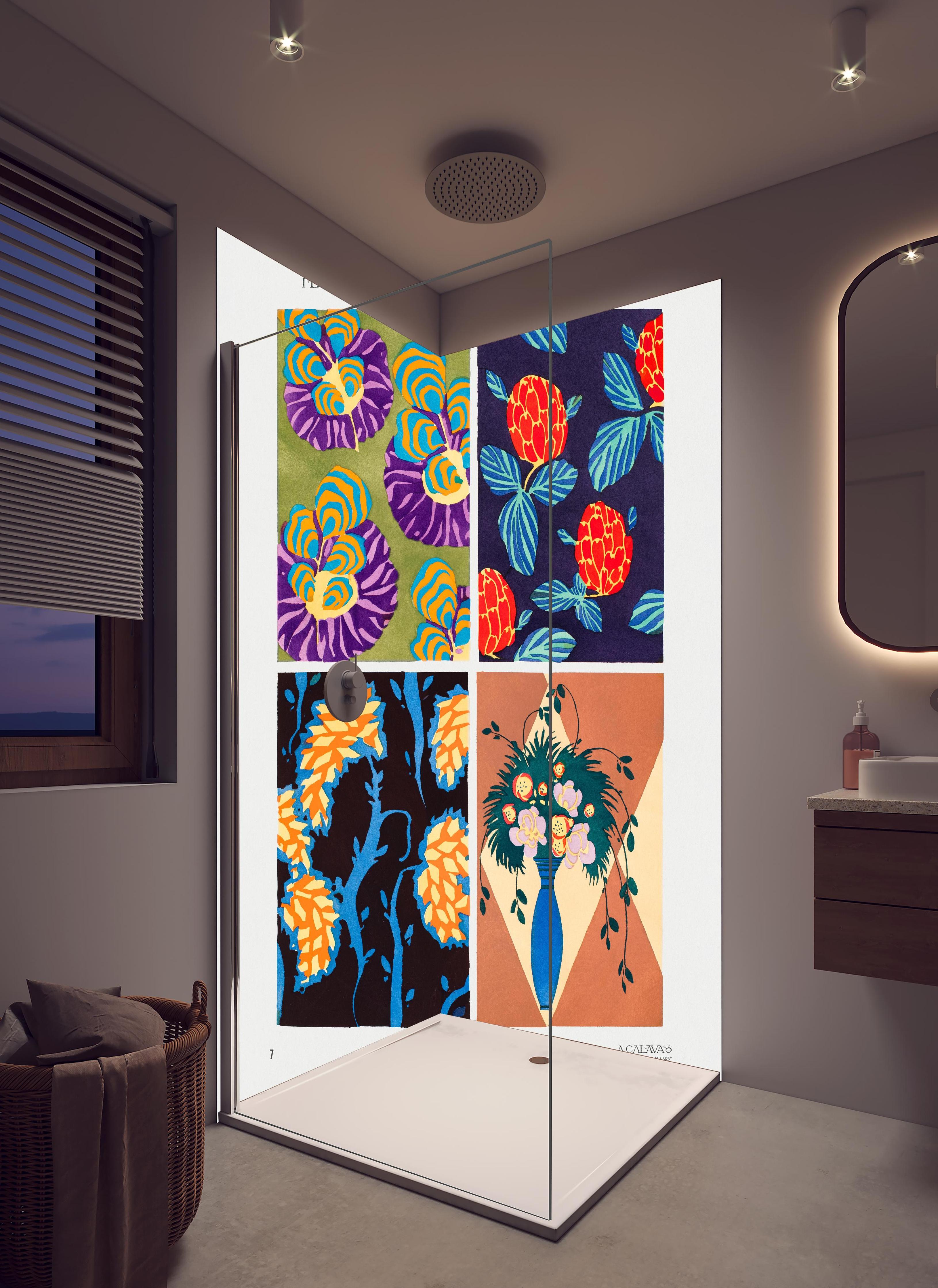 Duschrückwand - Bunte Blumenmuster in hellem Badezimmer mit Regenduschkopf - zweiteilige Eck-Duschrückwand