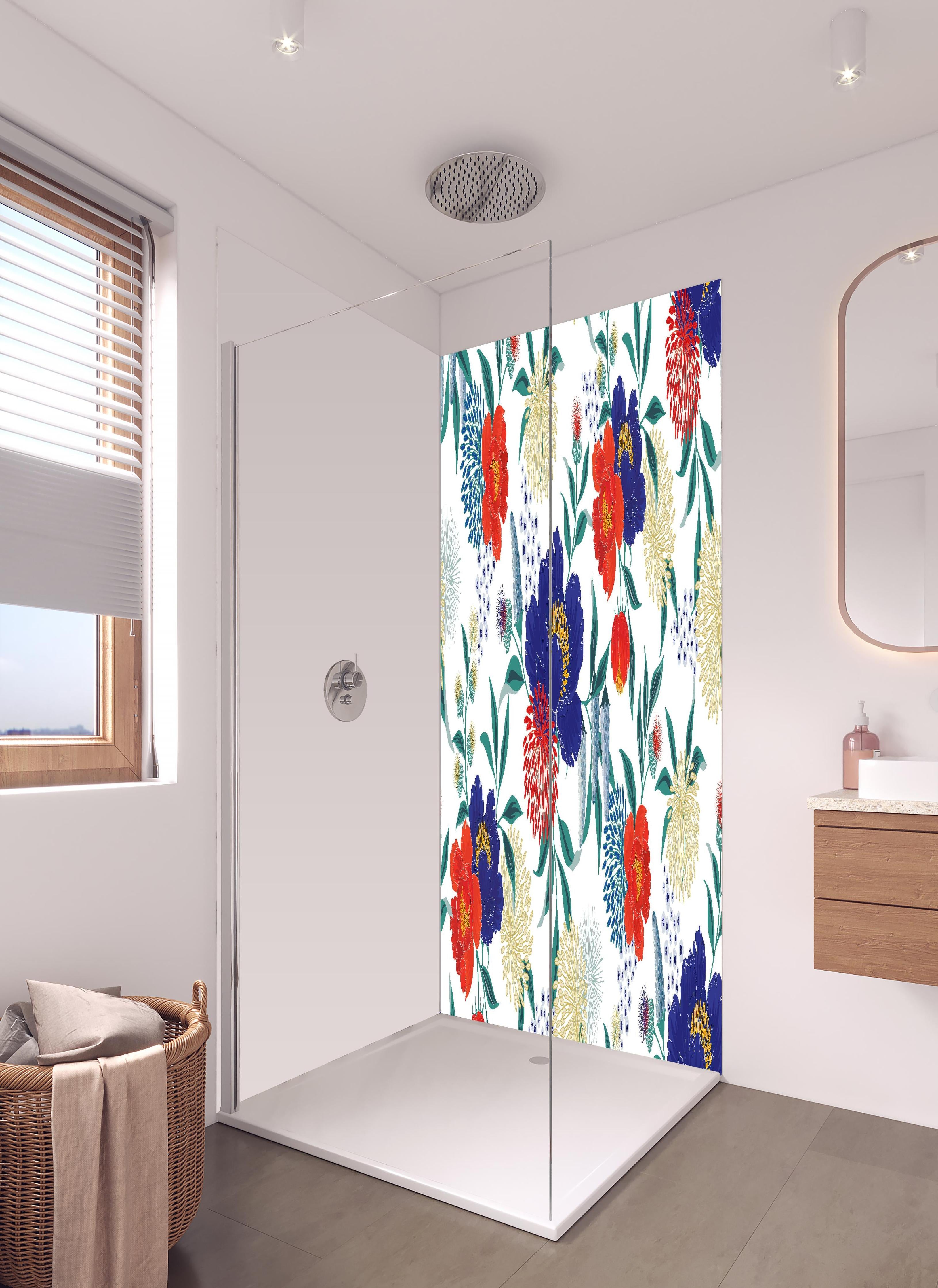 Duschrückwand - Bunte Blumenmuster Wandtapete Design in hellem Badezimmer mit Regenduschkopf - zweiteilige Eck-Duschrückwand