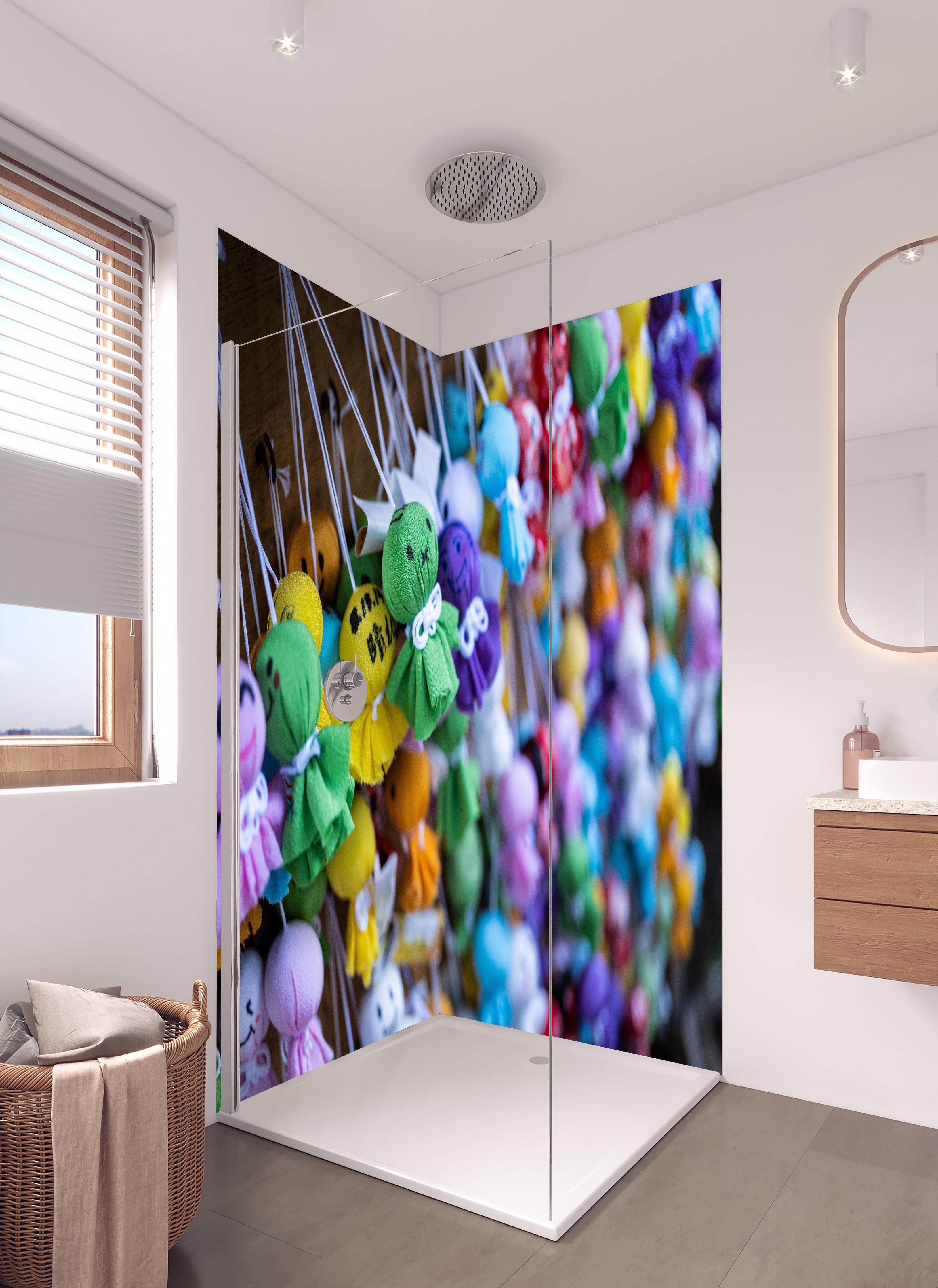 Duschrückwand - Bunte Glücksbringer in hellem Badezimmer mit Regenduschkopf - zweiteilige Eck-Duschrückwand