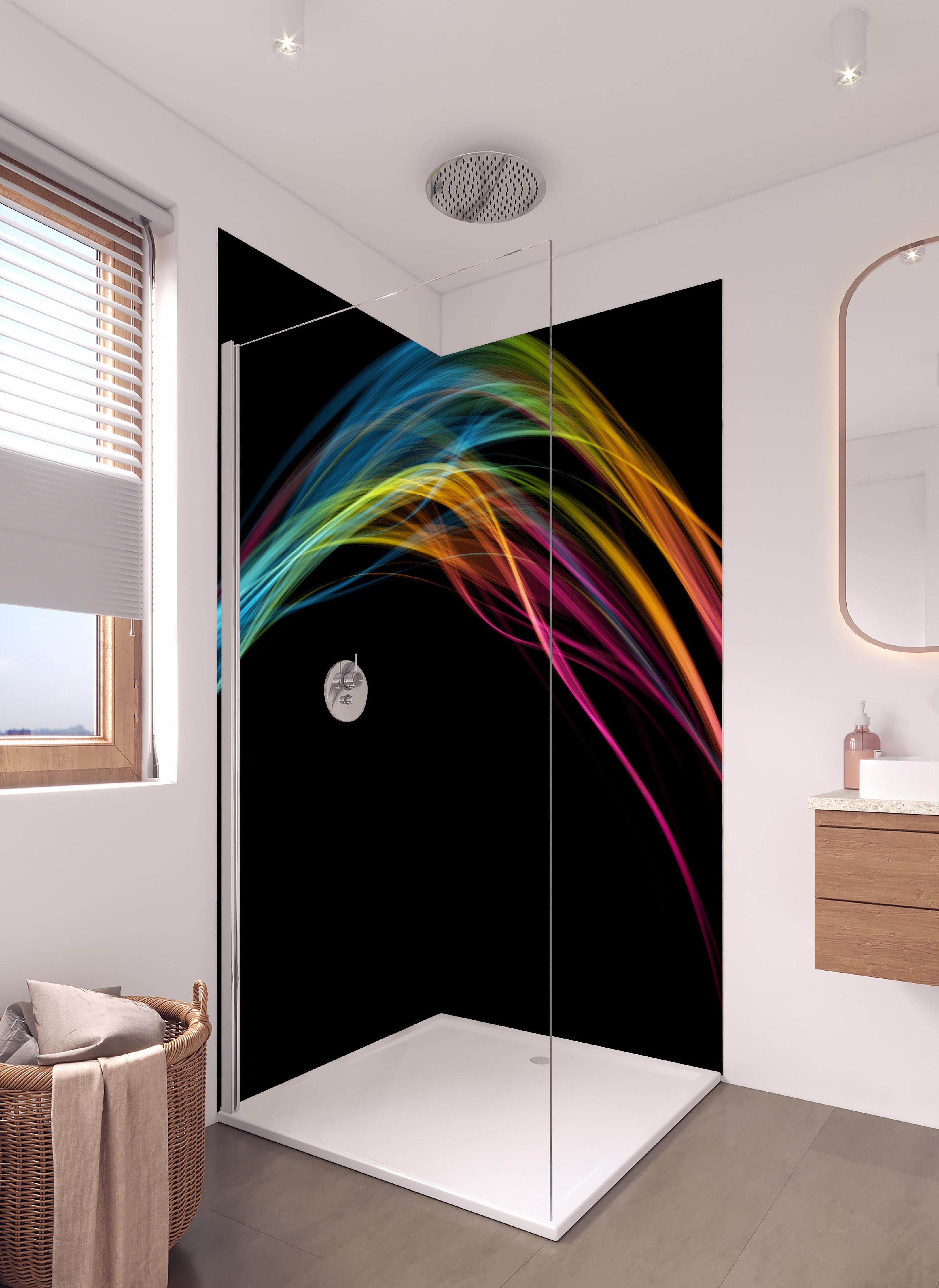 Duschrückwand - Bunte Lichtwellen auf schwarzem Hintergrund in hellem Badezimmer mit Regenduschkopf - zweiteilige Eck-Duschrückwand