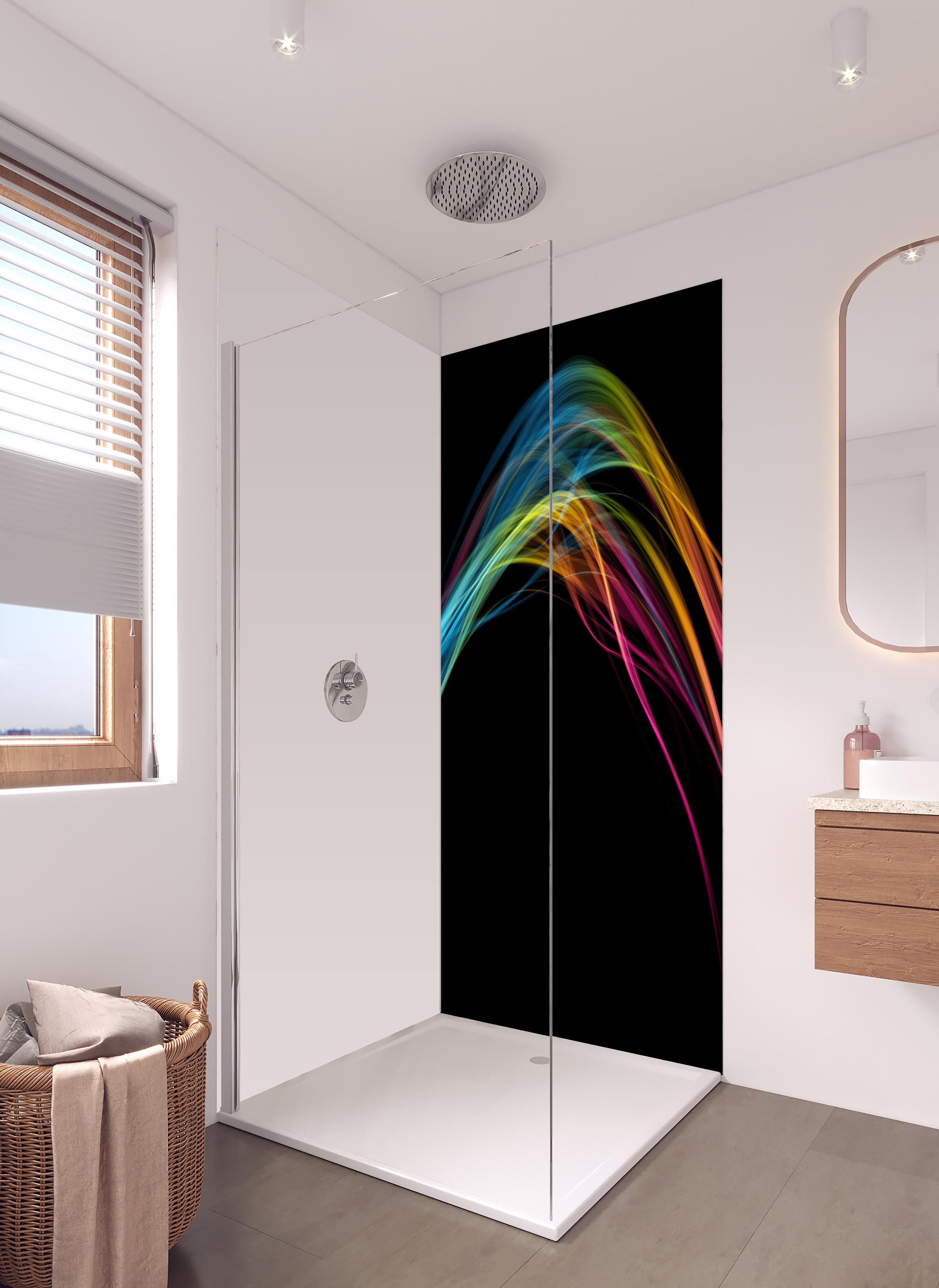 Duschrückwand - Bunte Lichtwellen auf schwarzem Hintergrund in hellem Badezimmer mit Regenduschkopf - zweiteilige Eck-Duschrückwand