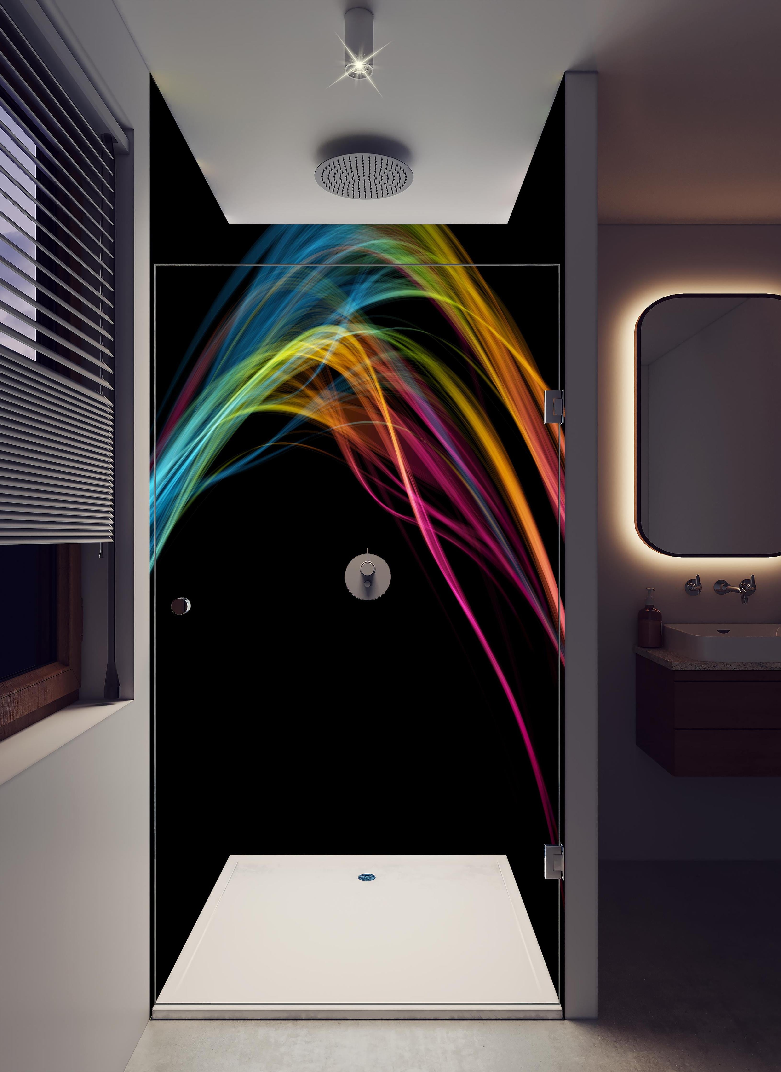 Duschrückwand - Bunte Lichtwellen auf schwarzem Hintergrund in hellem Badezimmer mit Regenduschkopf - zweiteilige Eck-Duschrückwand