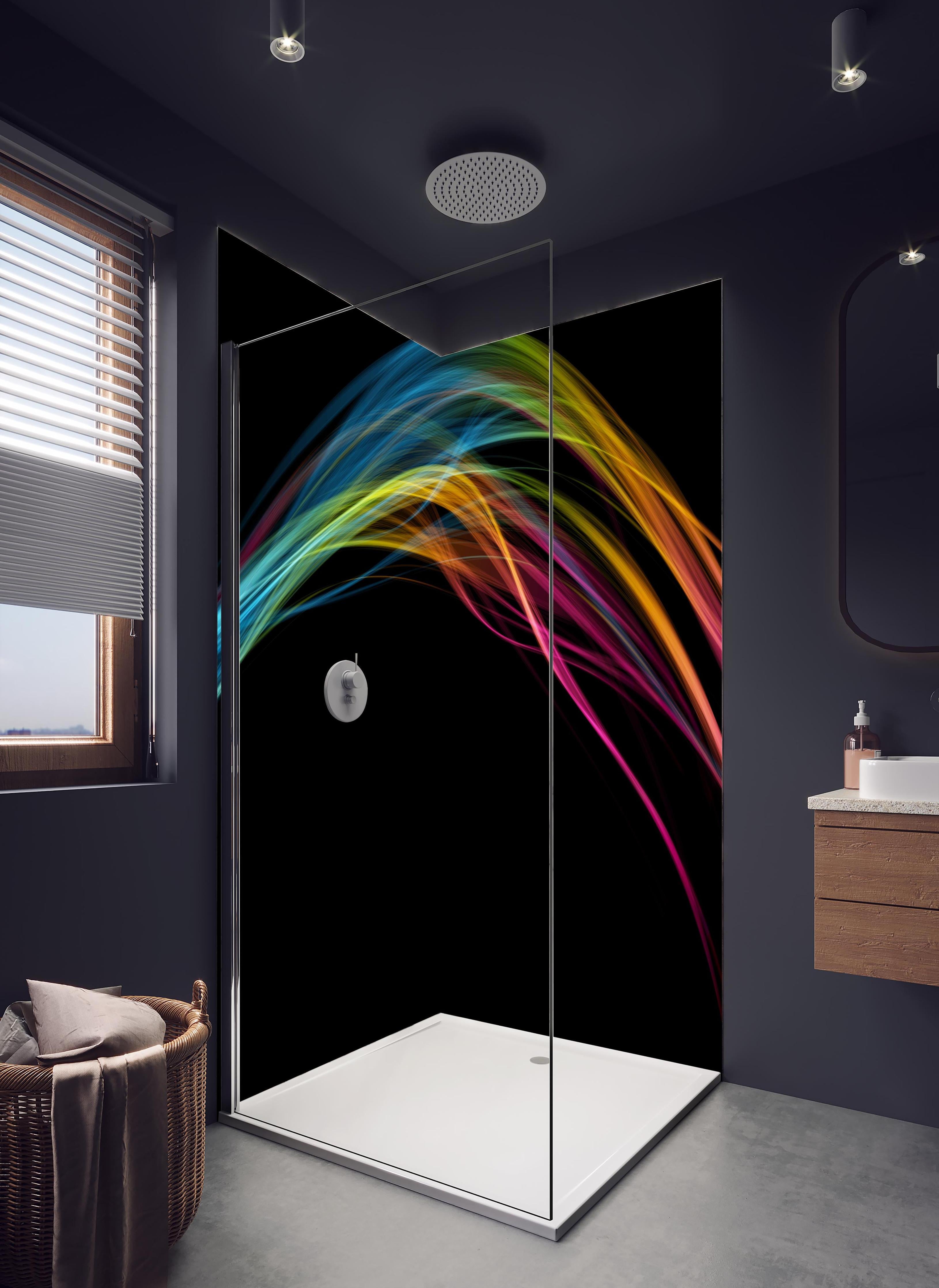 Duschrückwand - Bunte Lichtwellen auf schwarzem Hintergrund in hellem Badezimmer mit Regenduschkopf - zweiteilige Eck-Duschrückwand