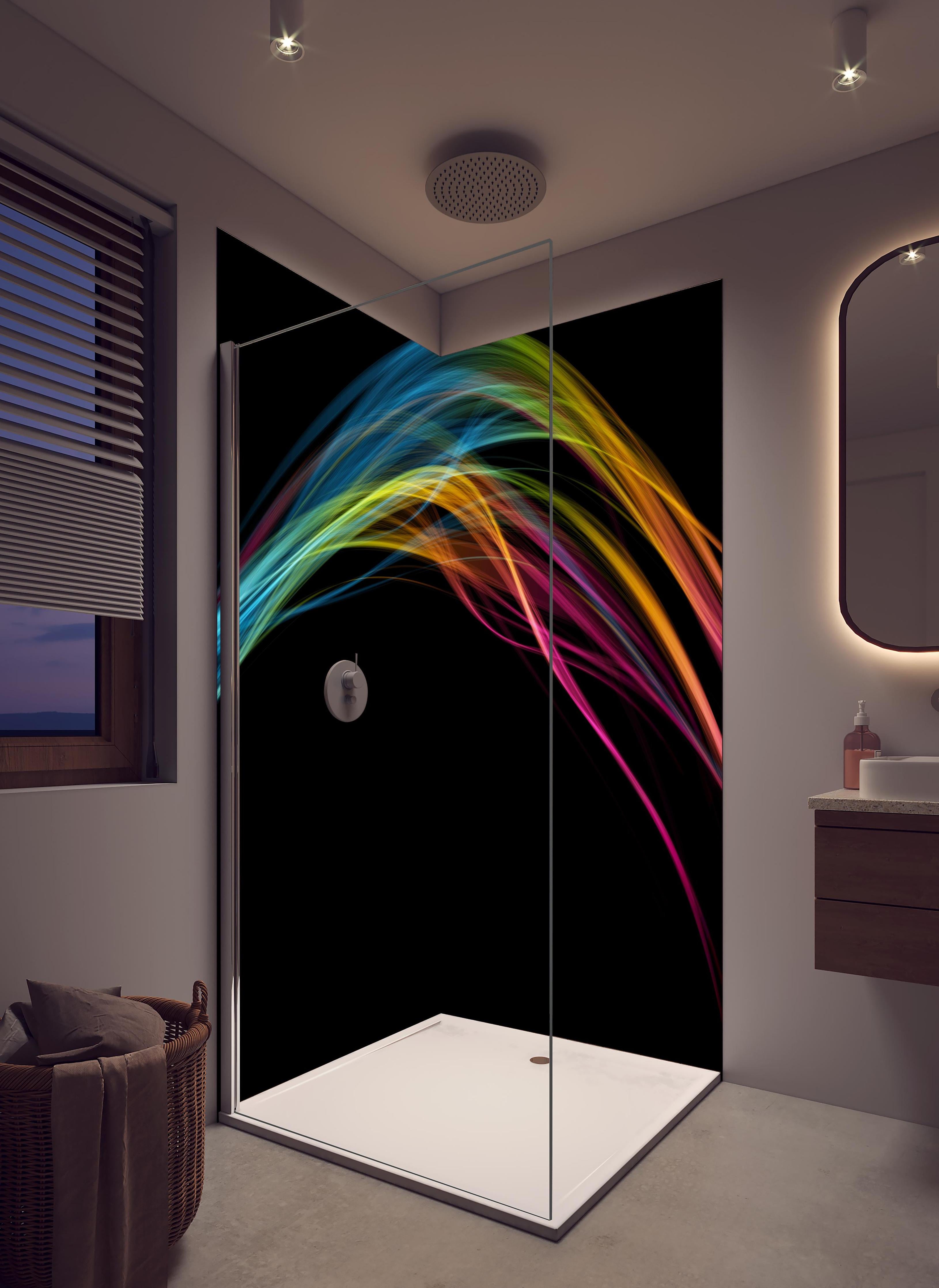 Duschrückwand - Bunte Lichtwellen auf schwarzem Hintergrund in hellem Badezimmer mit Regenduschkopf - zweiteilige Eck-Duschrückwand