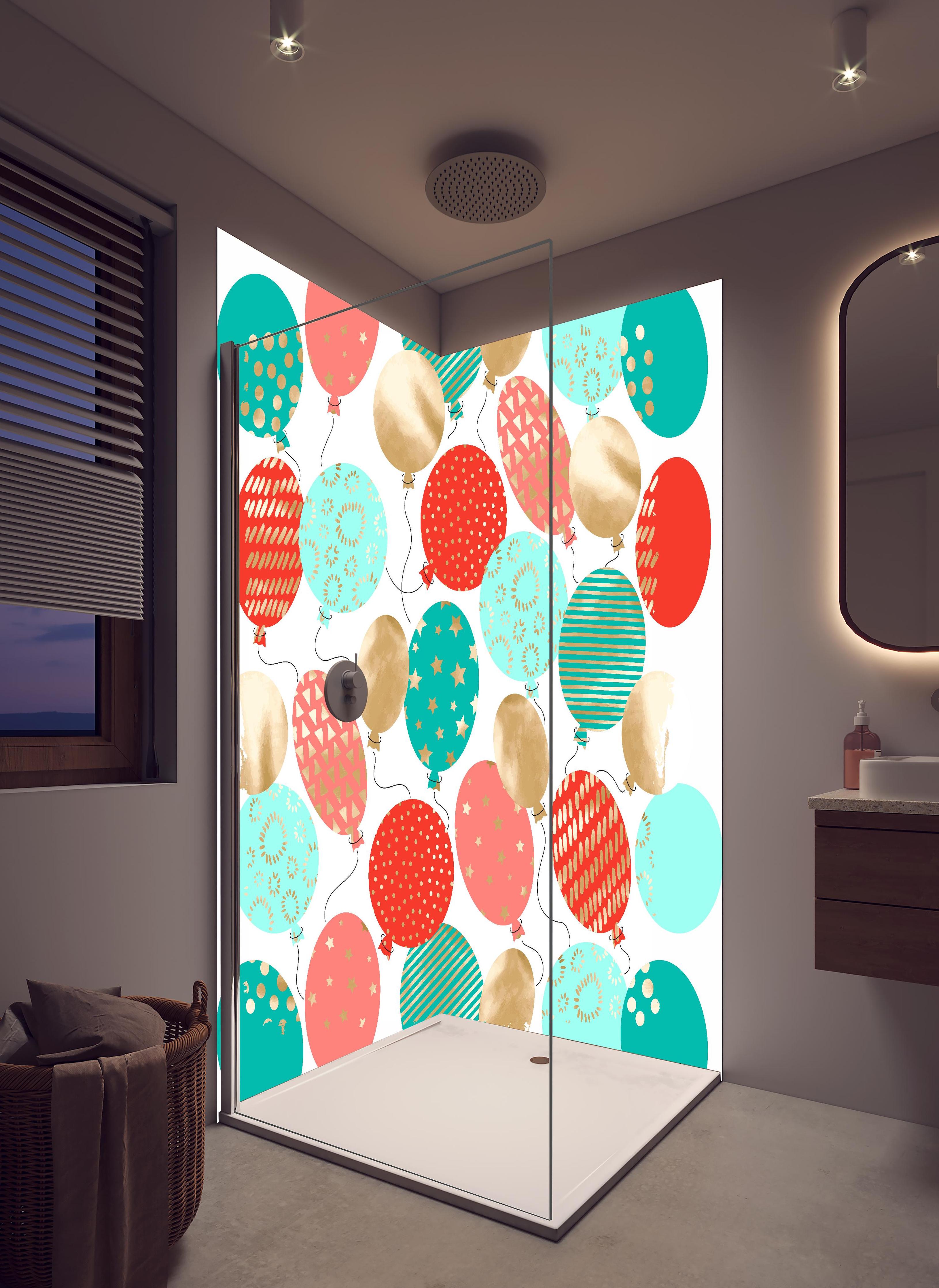 Duschrückwand - Bunte Luftballons Party-Deko Set in hellem Badezimmer mit Regenduschkopf - zweiteilige Eck-Duschrückwand