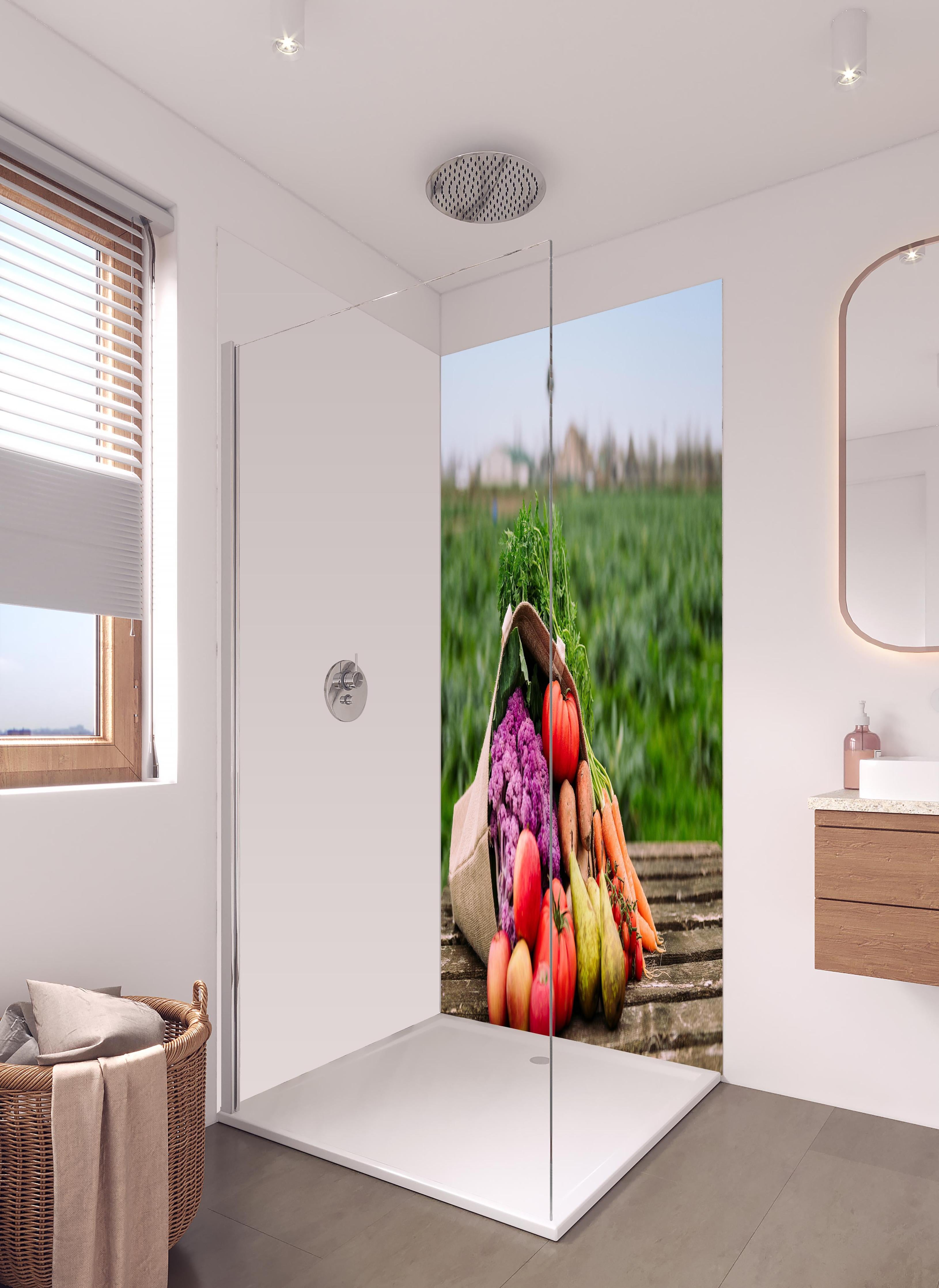 Duschrückwand - Bunte Vielfalt frischer Bio-Ernte in hellem Badezimmer mit Regenduschkopf - zweiteilige Eck-Duschrückwand